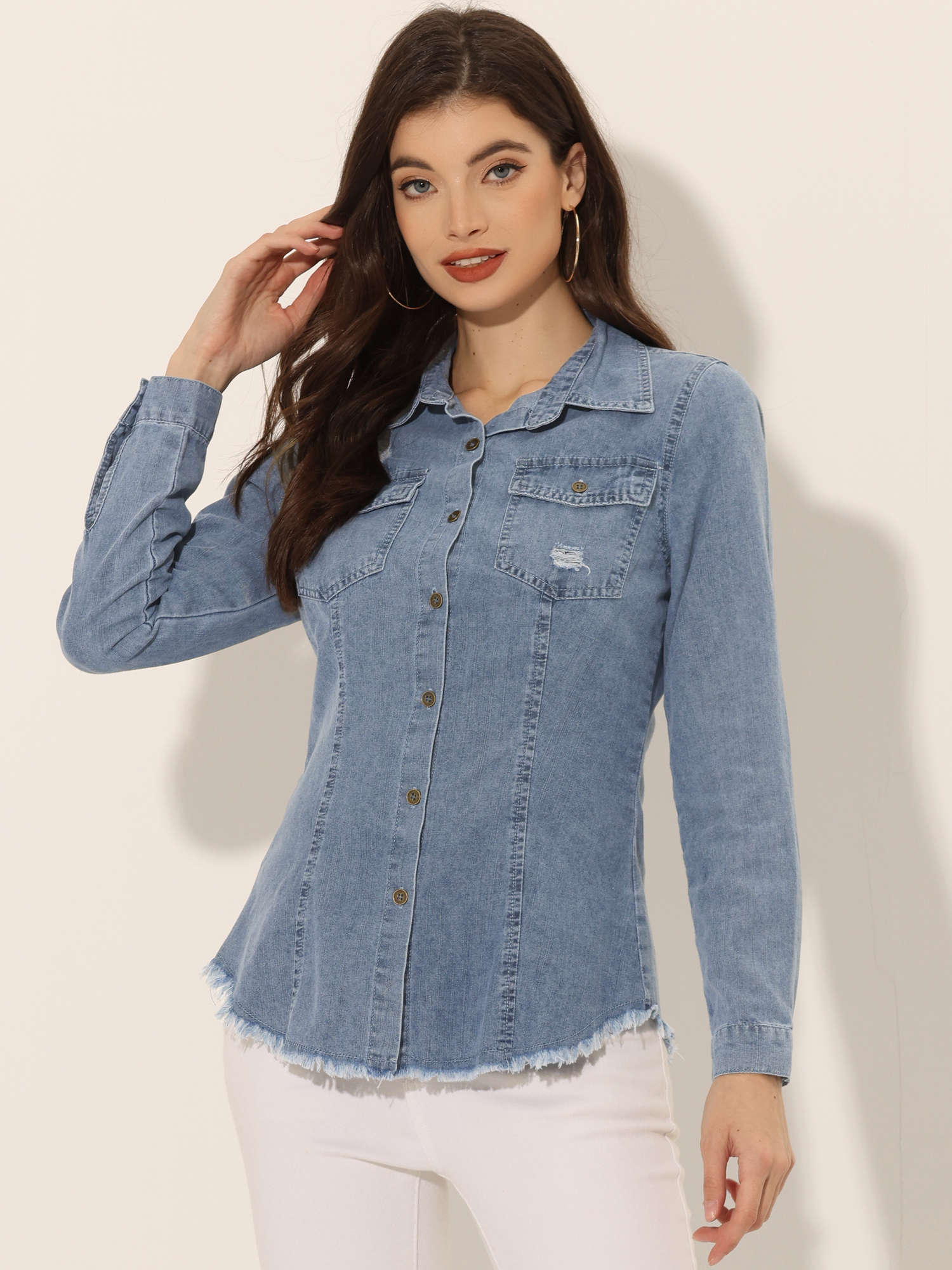 Jeans Blouse Long Sleeve Button Down Distressed Frayed Denim Shirt Blue Gray/XS