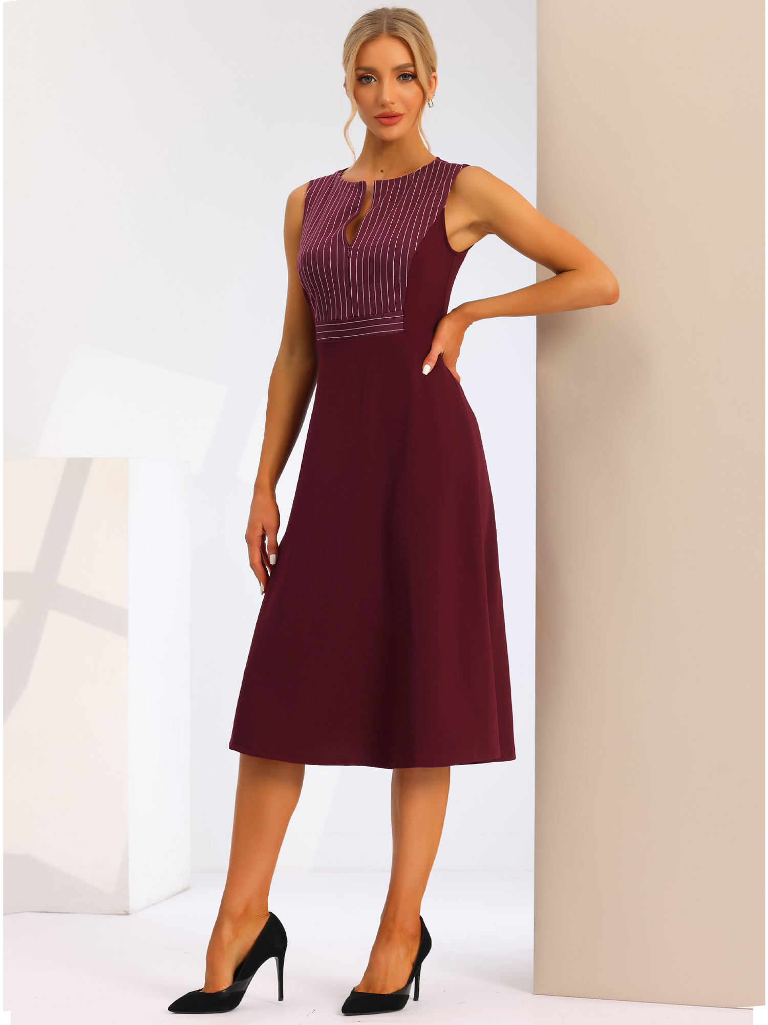 Striped Crew Neck Sleeveless A-Line Midi Work Office Dress Burgundy/XS