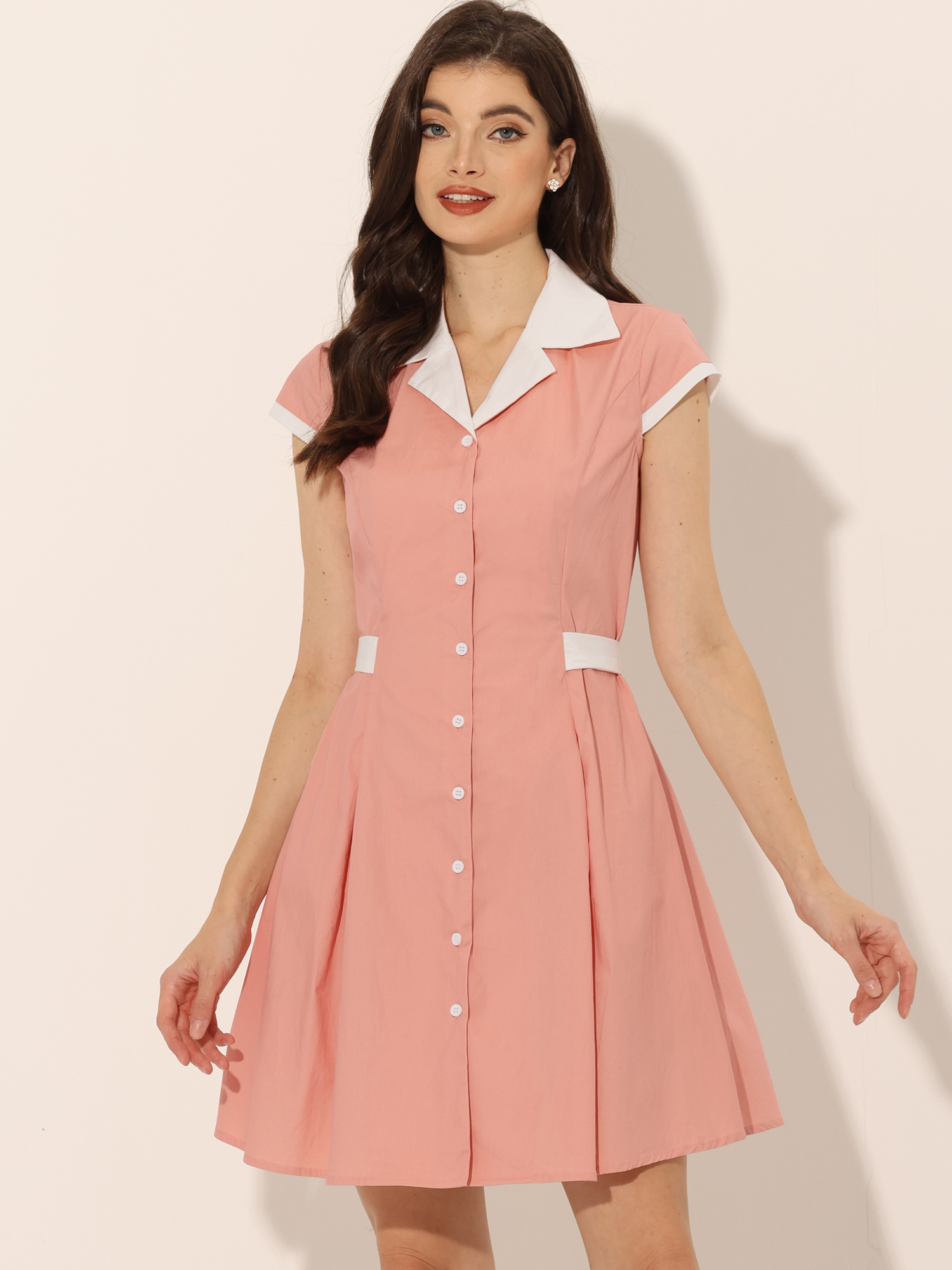 Retro Button Down Flat Collar Belted Office Mini Shirt Dress Pink/S