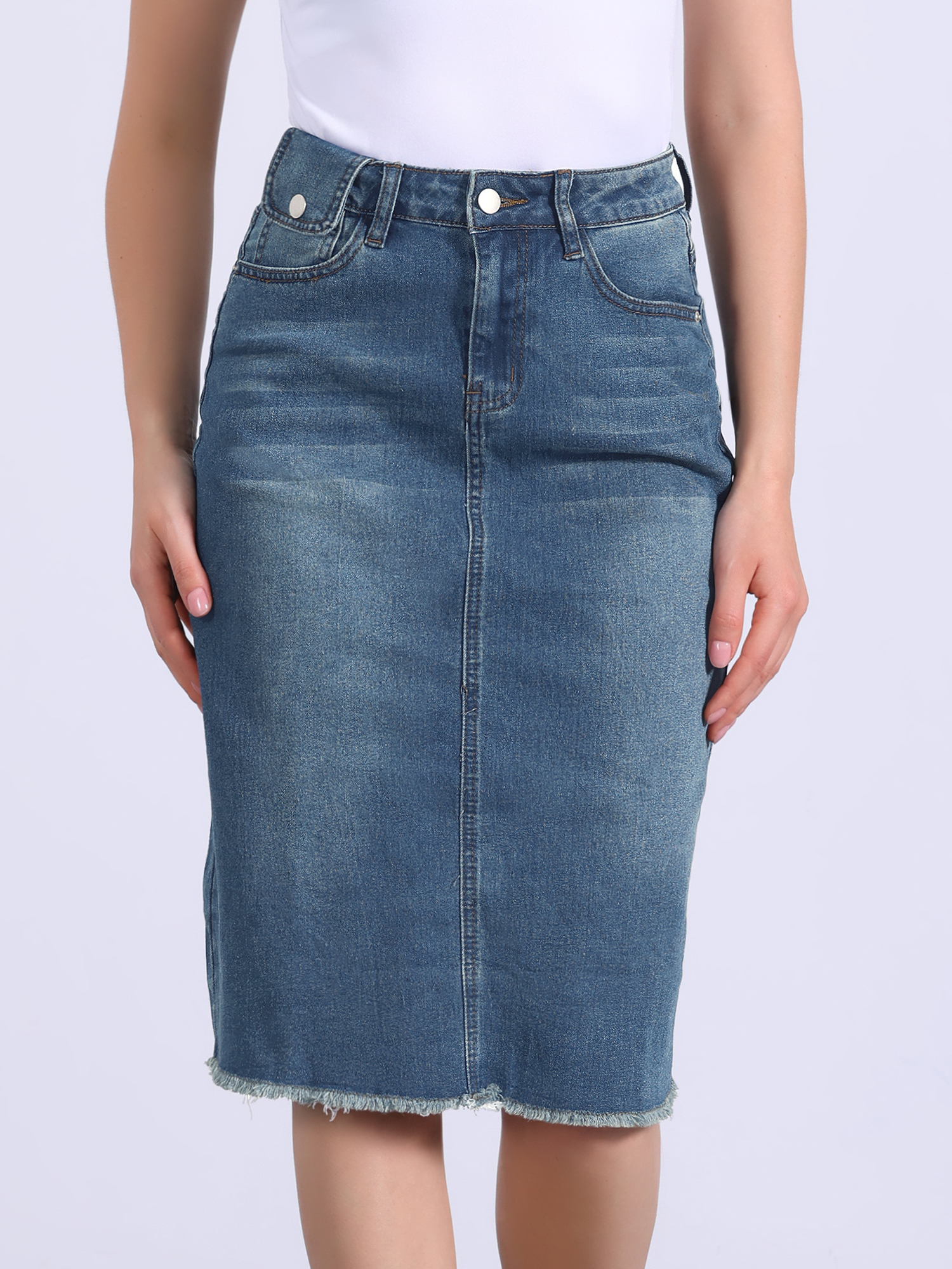 Casual High Waist Back Slit Stretch Denim Midi Jean Skirt Blue/2XL