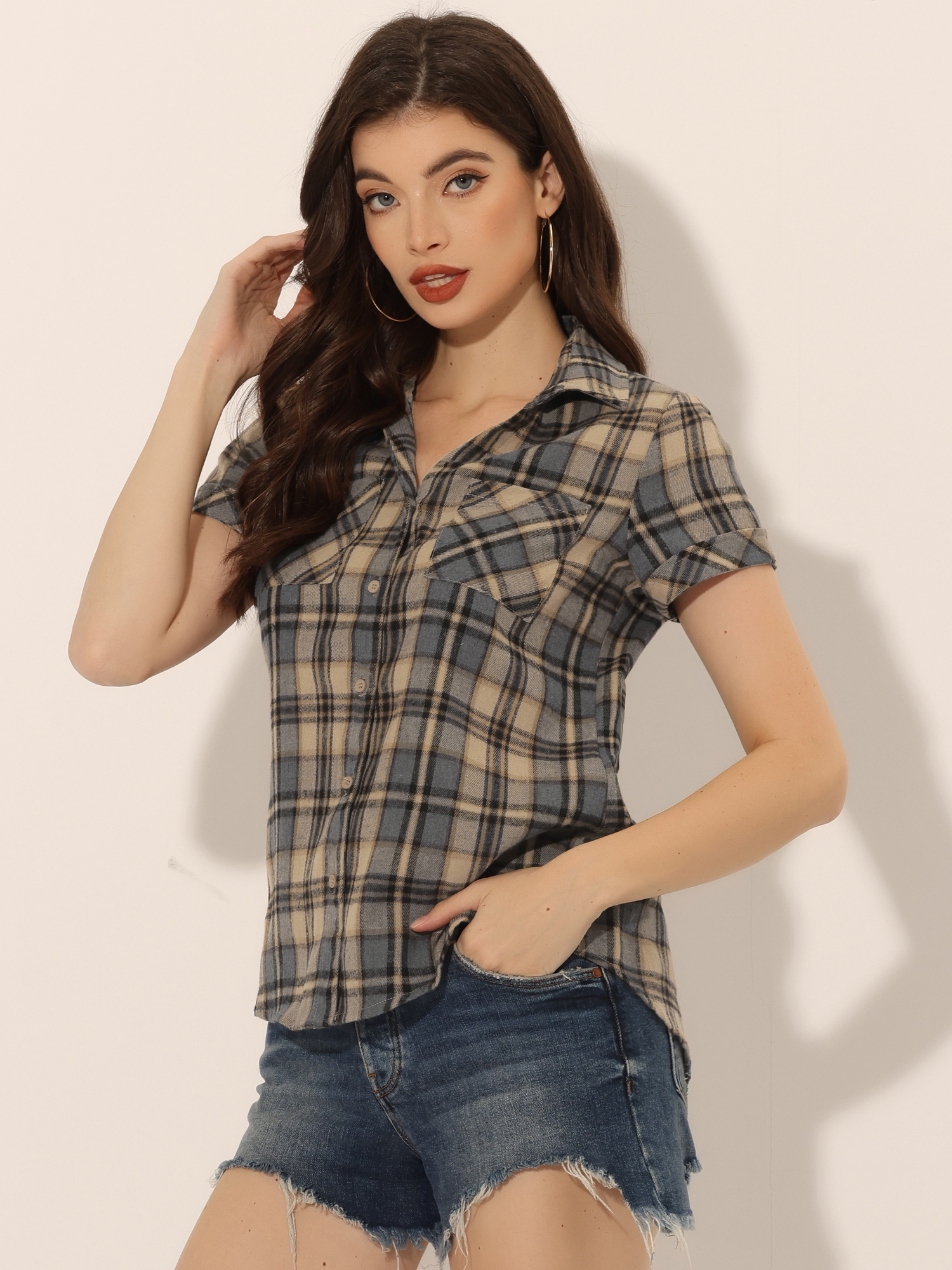Button Down Cotton Classic Western Plaid Shirt Brown Black/M