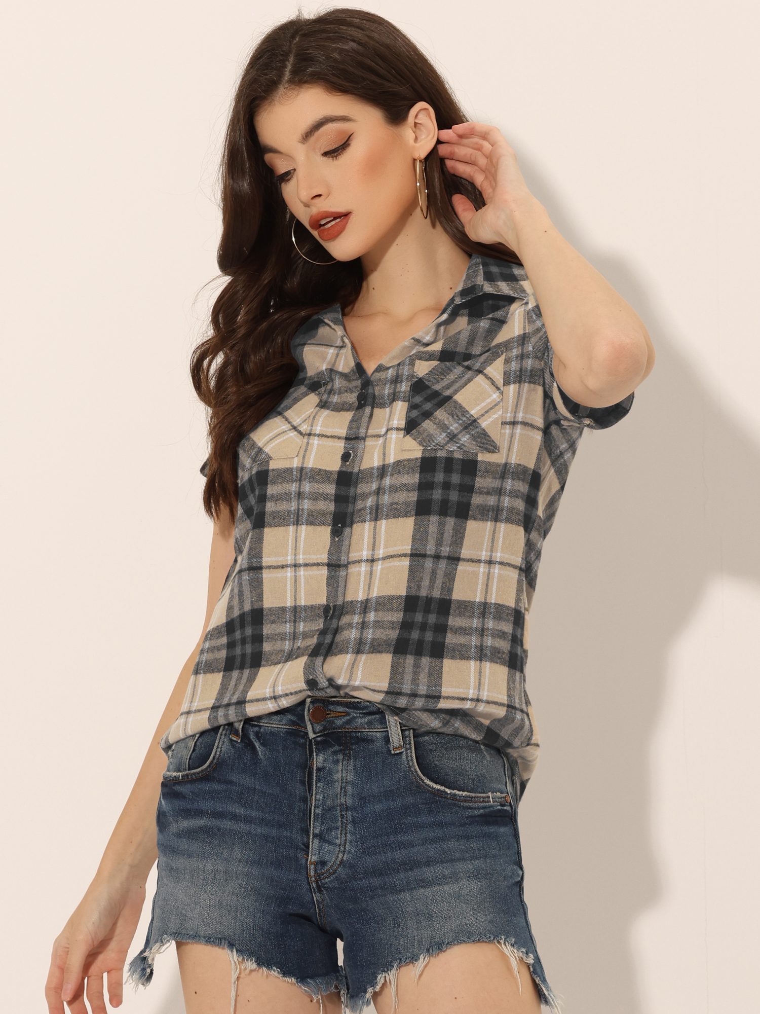 Cotton Classic Button Down Plaid Short Sleeve Shirt Khaki Black/XS