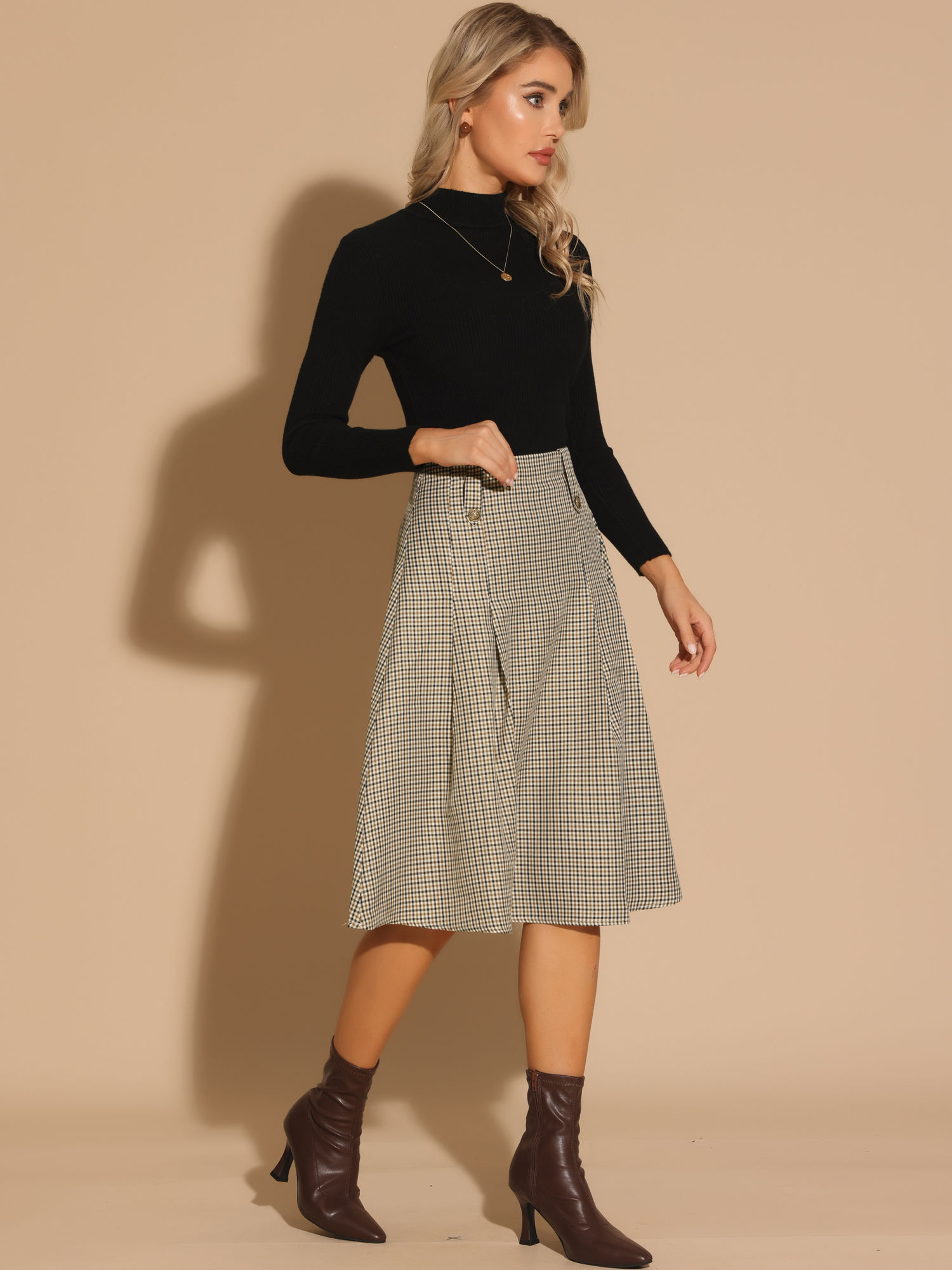 Vintage Plaid High Waist Pleated A-Line Midi Skirt Brown/XL