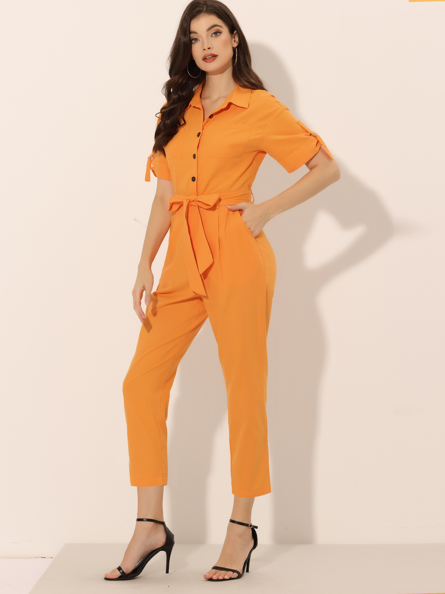 Short Sleeve Button Down Belted Tie Waist Cotton Cargo Jumpsuit Orange/L