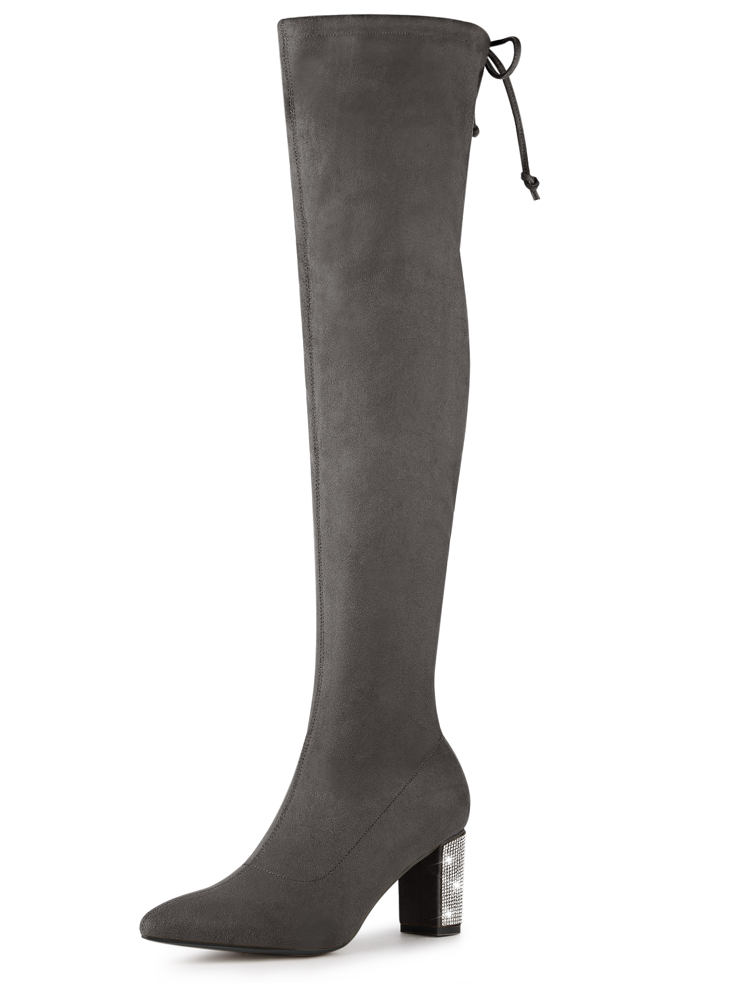 Chunky Heel Bling Rhinestone Over the Knee High Boots Gray/6