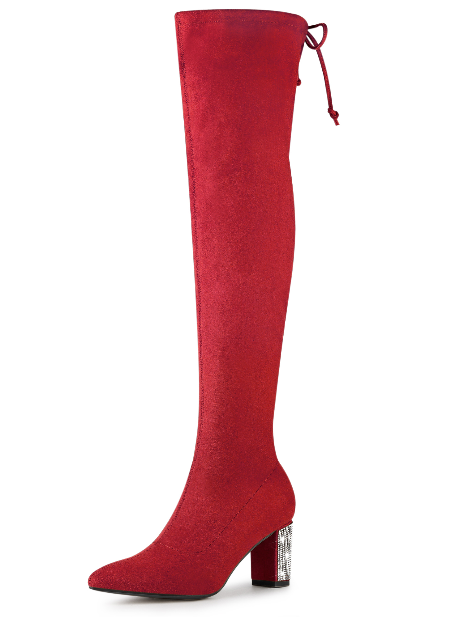 Chunky Heel Bling Rhinestone Over the Knee High Boots Red/9