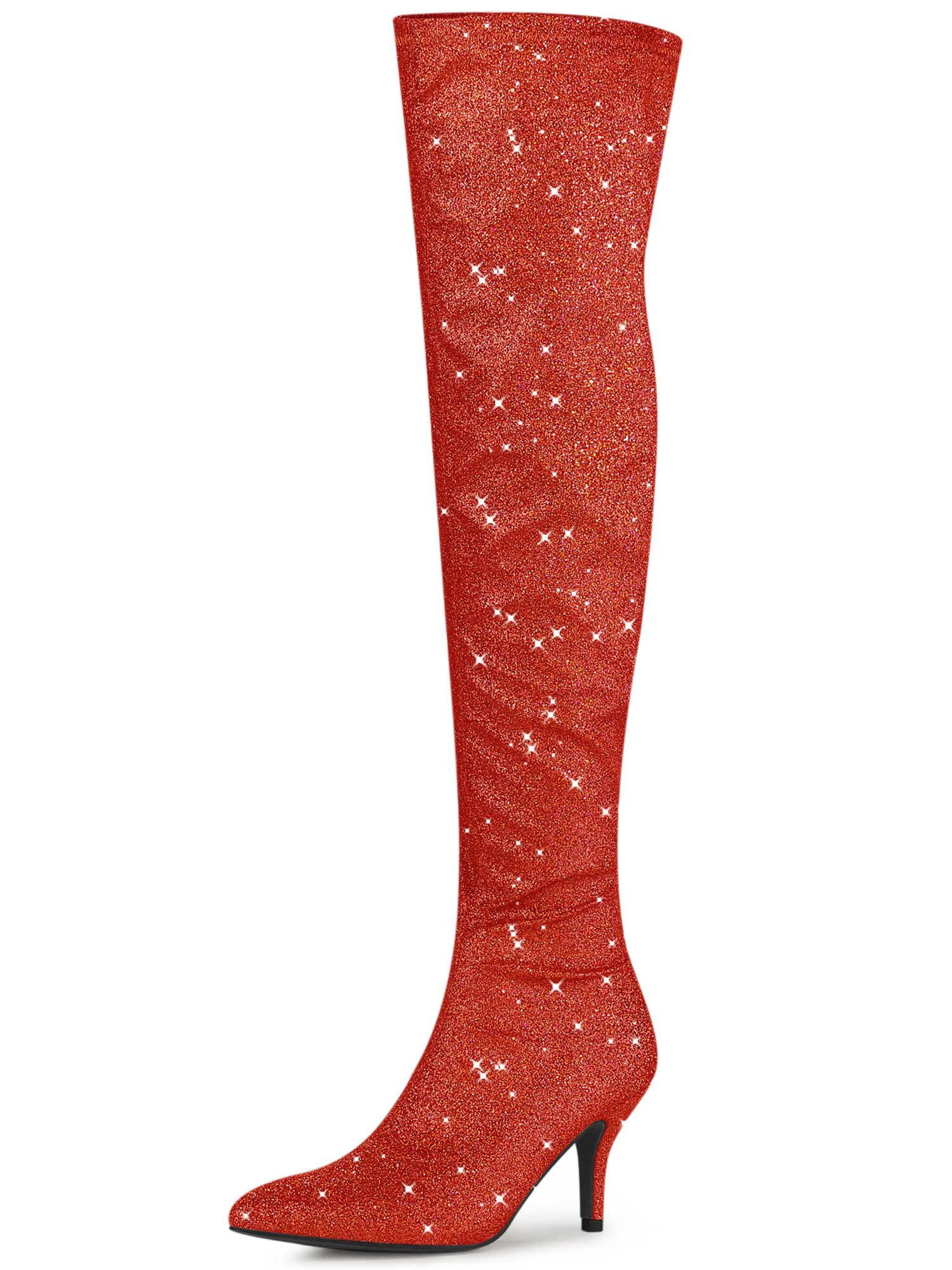 Glitter Pointed Toe Stiletto Heel Over the Knee High Boots Red/6