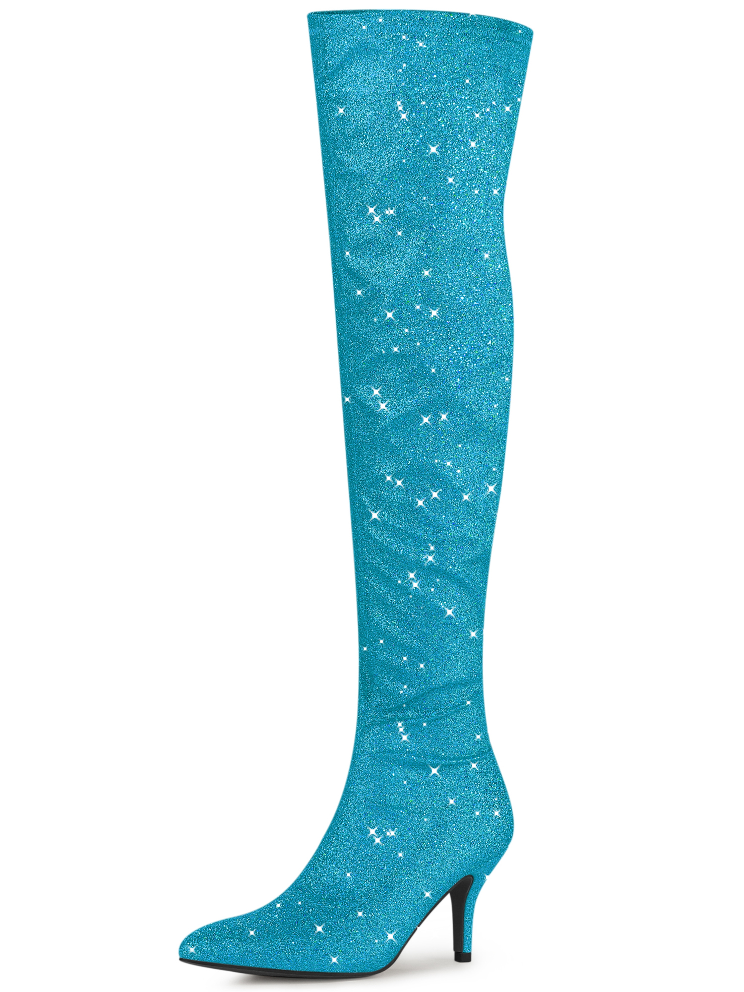 Glitter Pointed Toe Stiletto Heel Over the Knee High Boots Sky Blue/9