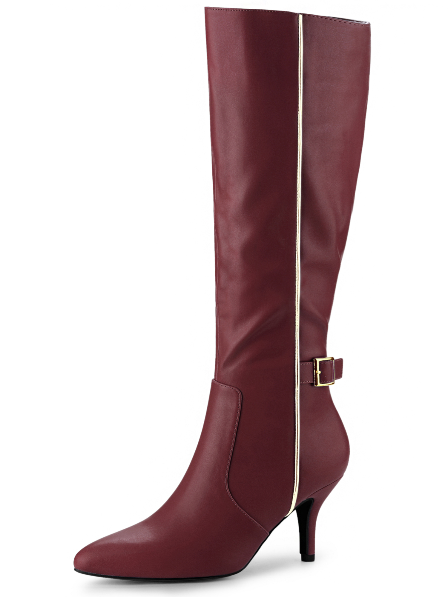 Pointy Toe Buckle Stiletto Heel Knee High Boots Burgundy/7