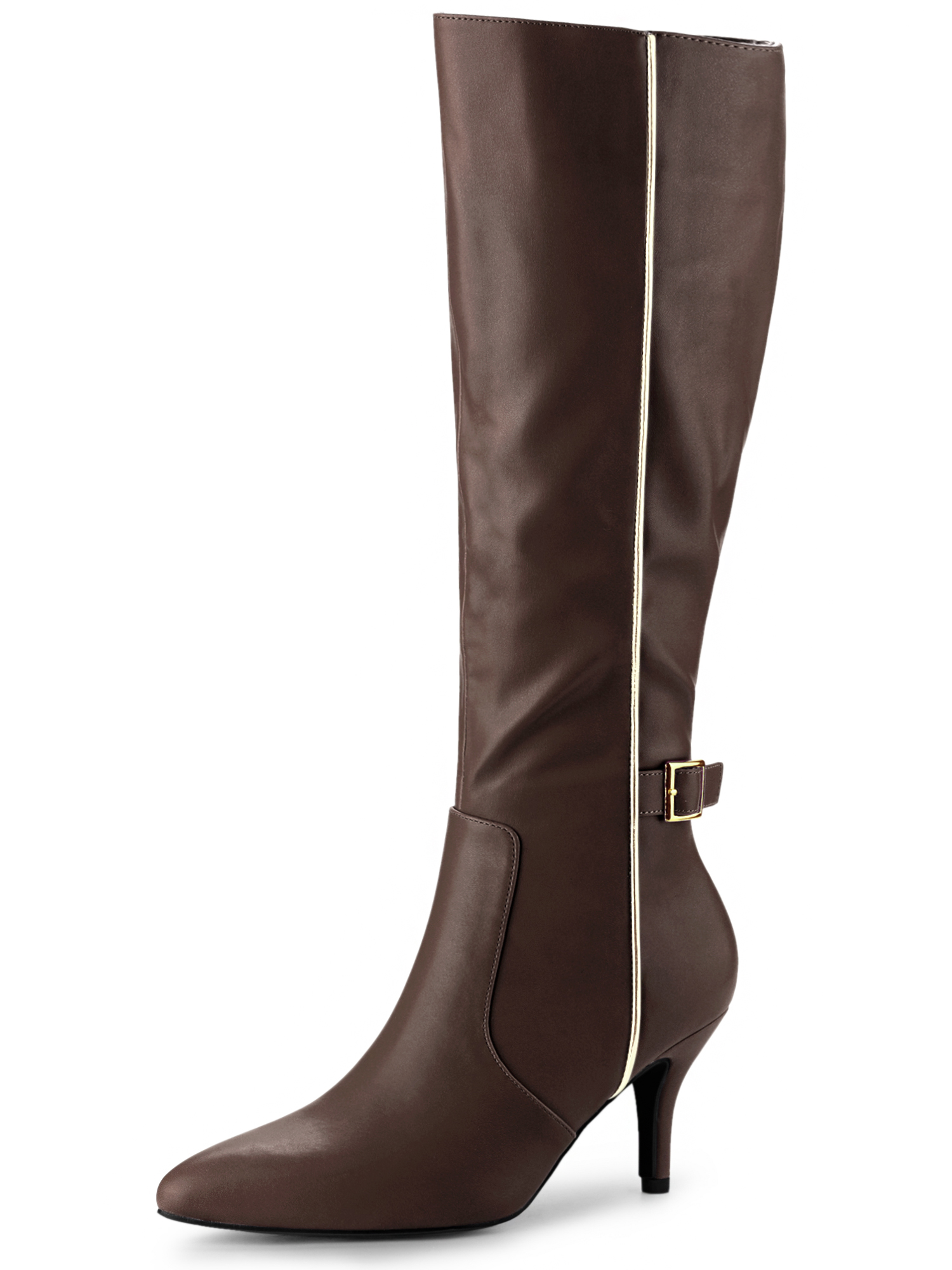 Pointy Toe Buckle Stiletto Heel Knee High Boots Coffee/10