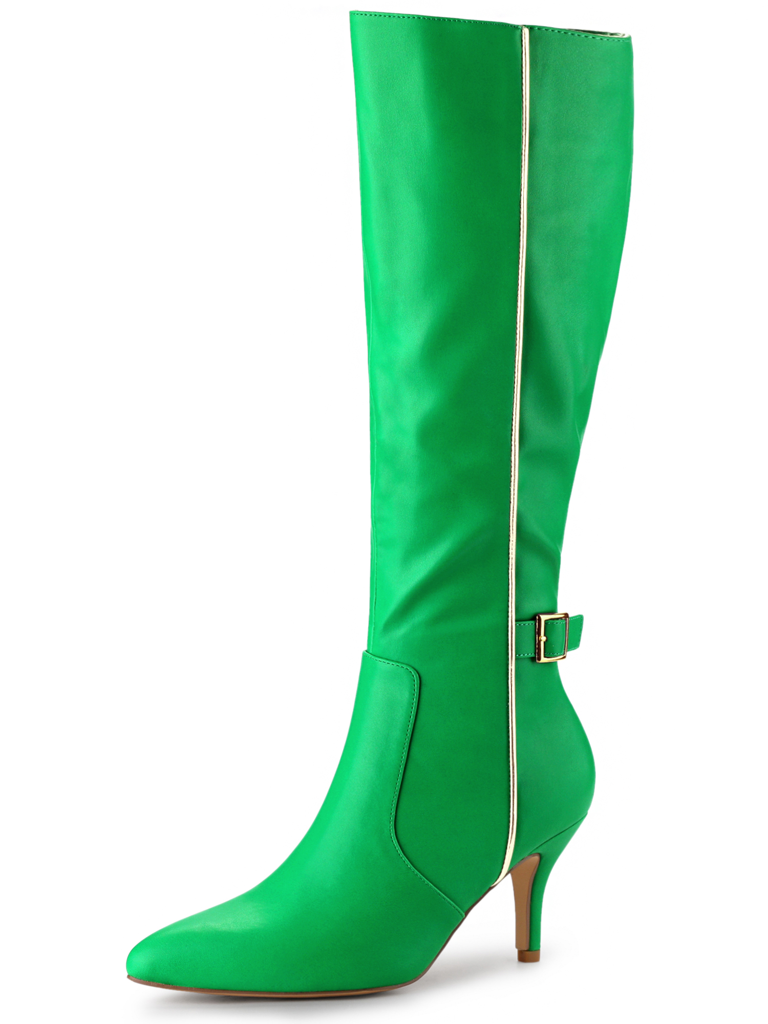 Pointy Toe Buckle Stiletto Heel Knee High Boots Green/6