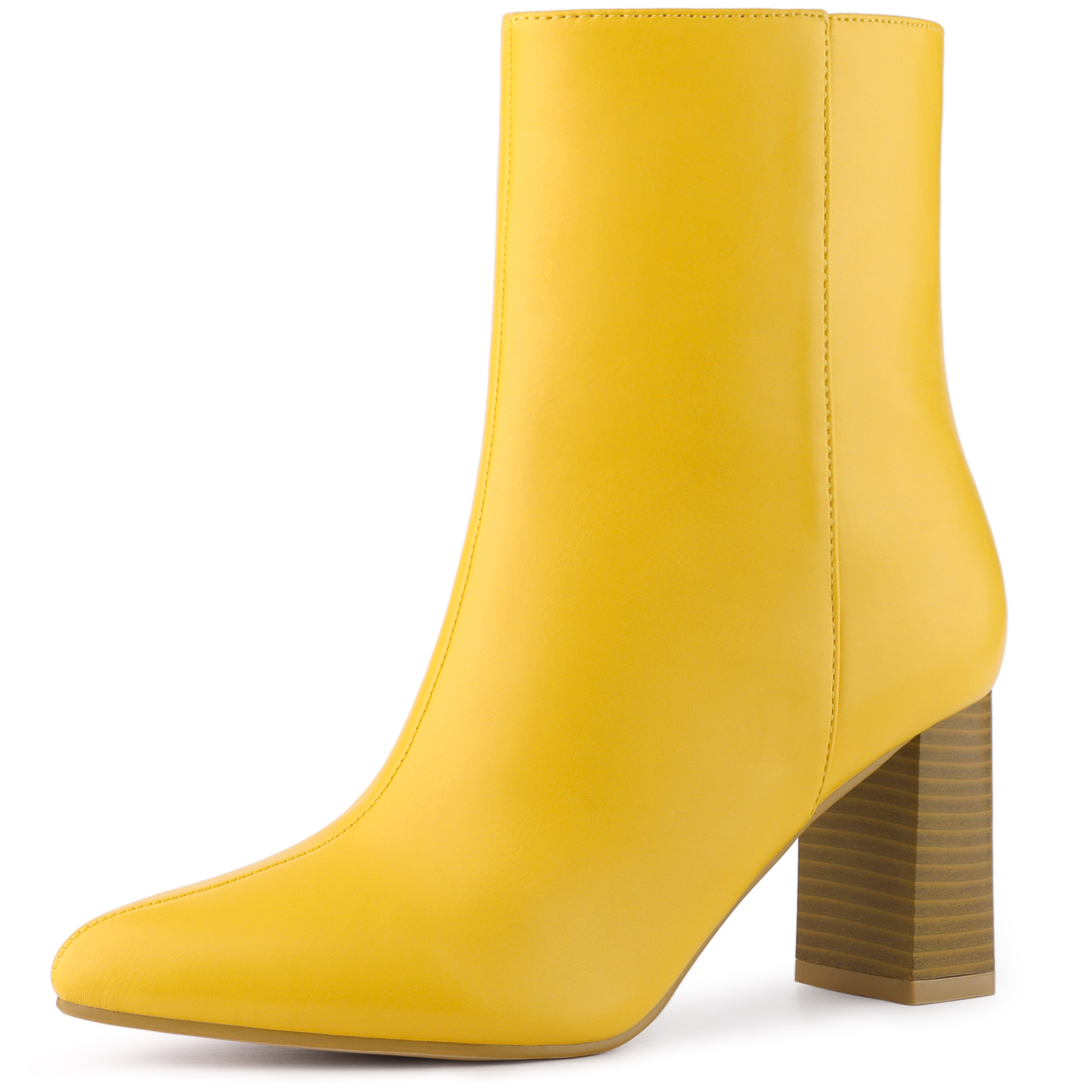 PU Leather Pointed Toe Chunky Heel Side Zipper Ankle Boots Yellow/7.5