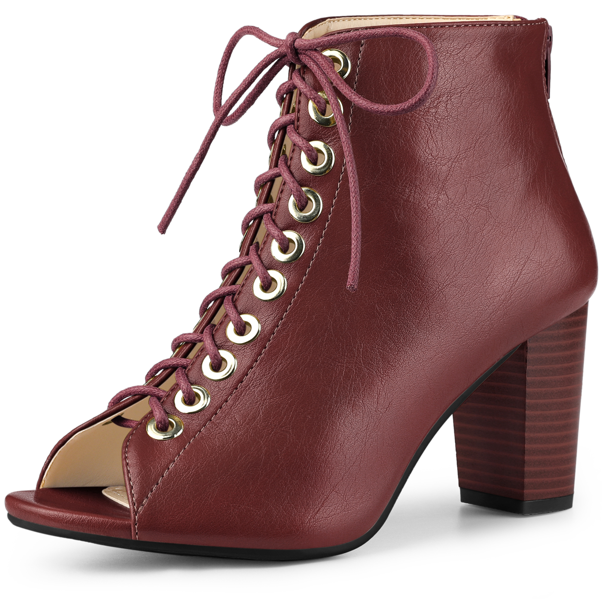 Peep Toe Lace Up Chunky Heel Ankle Booties Burgundy/6.5
