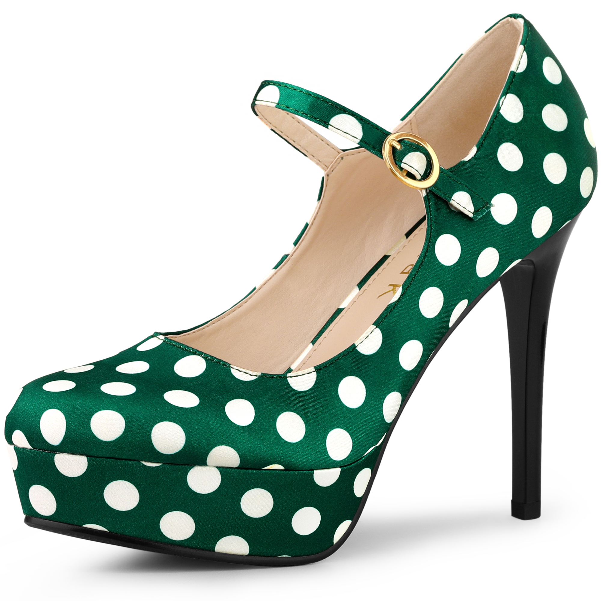 Platform Mary Jane Polka Dots Round Toe Stiletto High Heel Pumps Dark Green/10