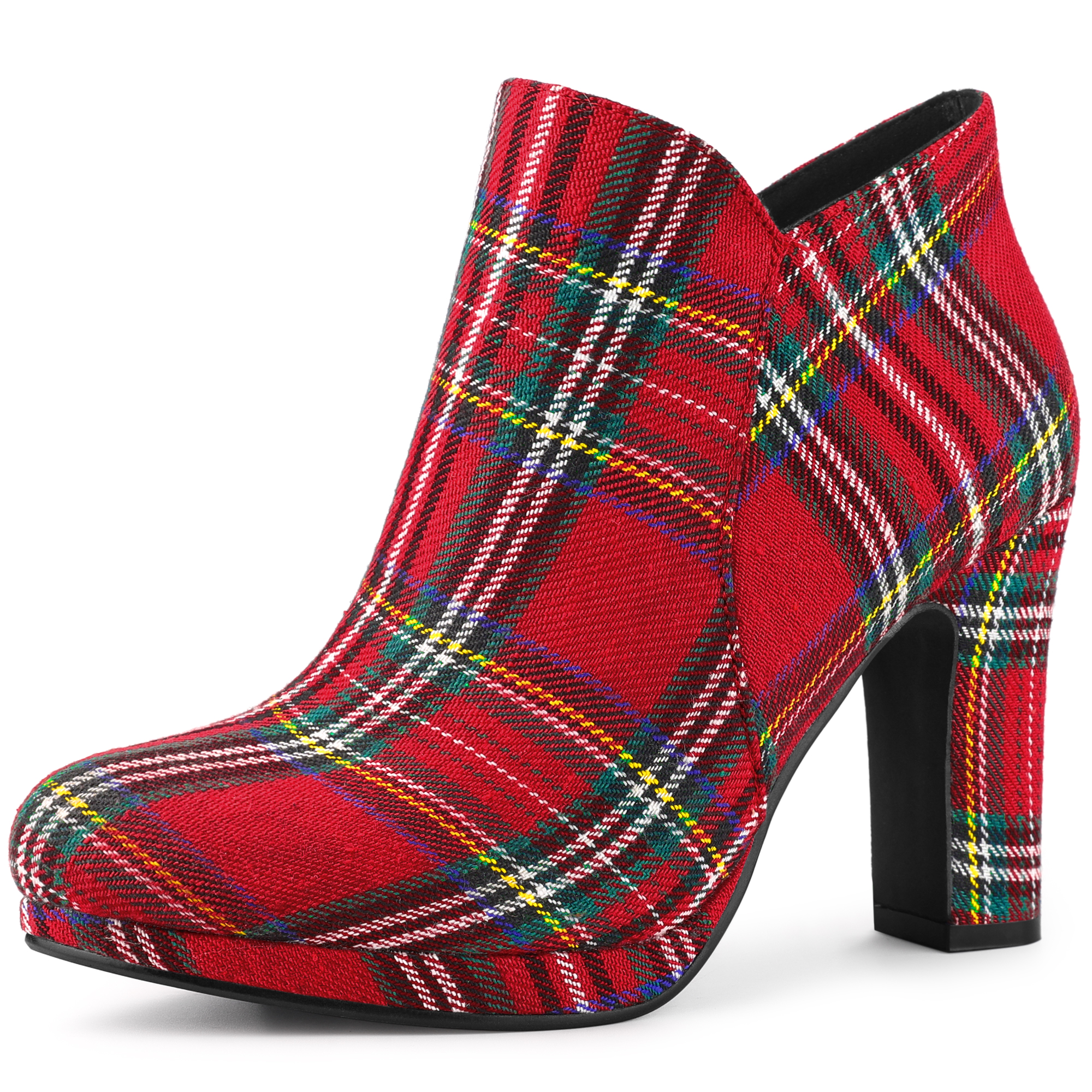 Round Toe Chunky Heel Ankle Heel Boots Red Plaid/9