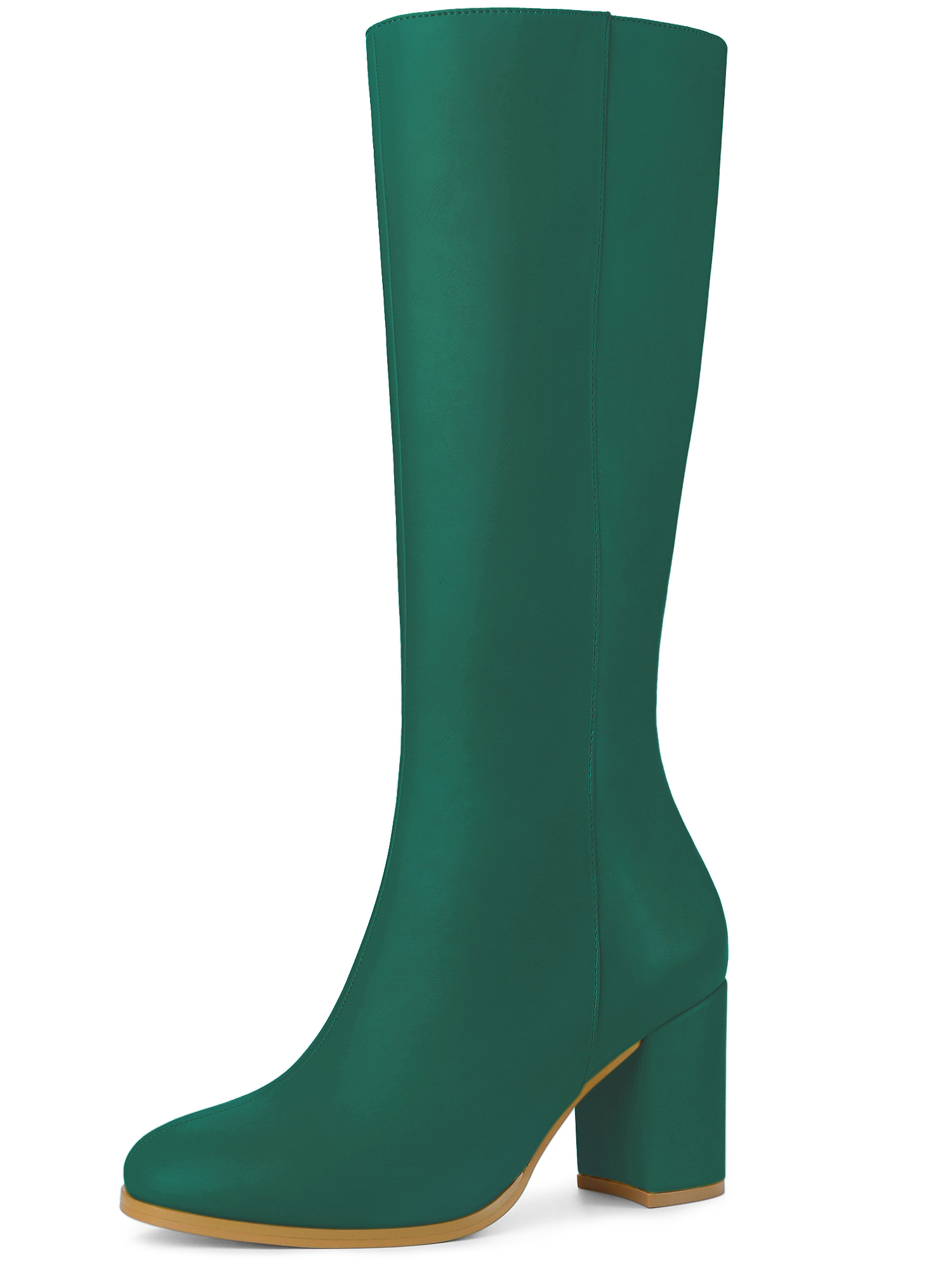 Round Toe Zip Block Heel Knee High Boots Green/6