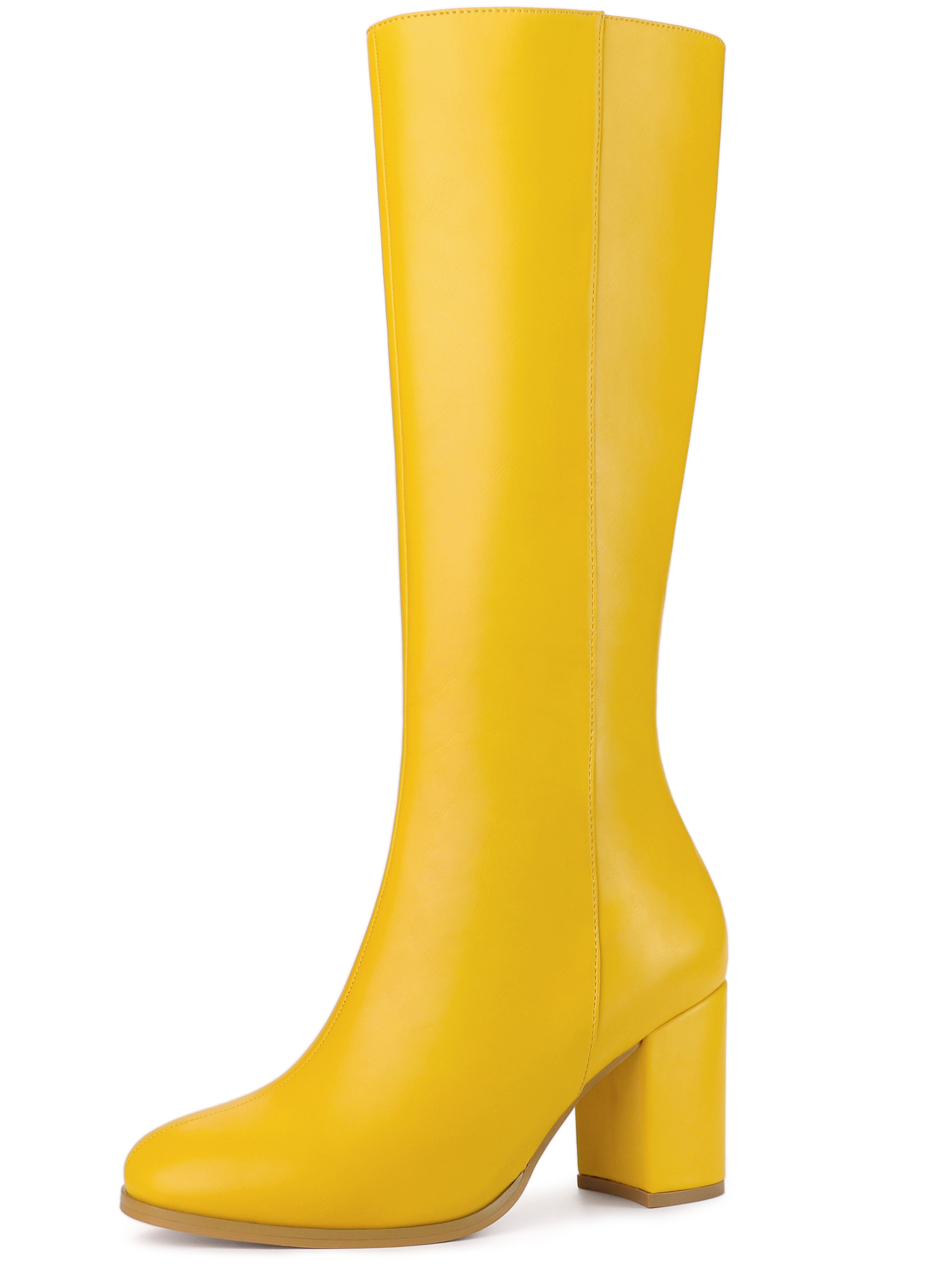 Round Toe Zip Block Heel Knee High Boots Yellow/6