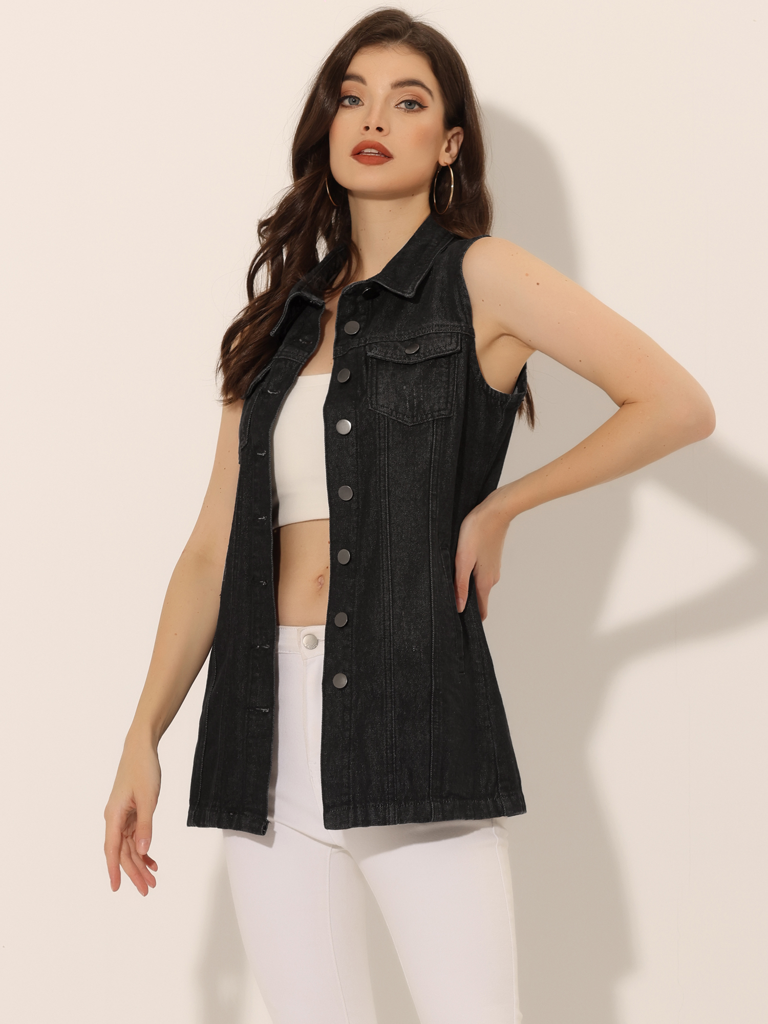 Casual Button Down Waistcoat Sleeveless Mid Long Denim Vest Black/XS