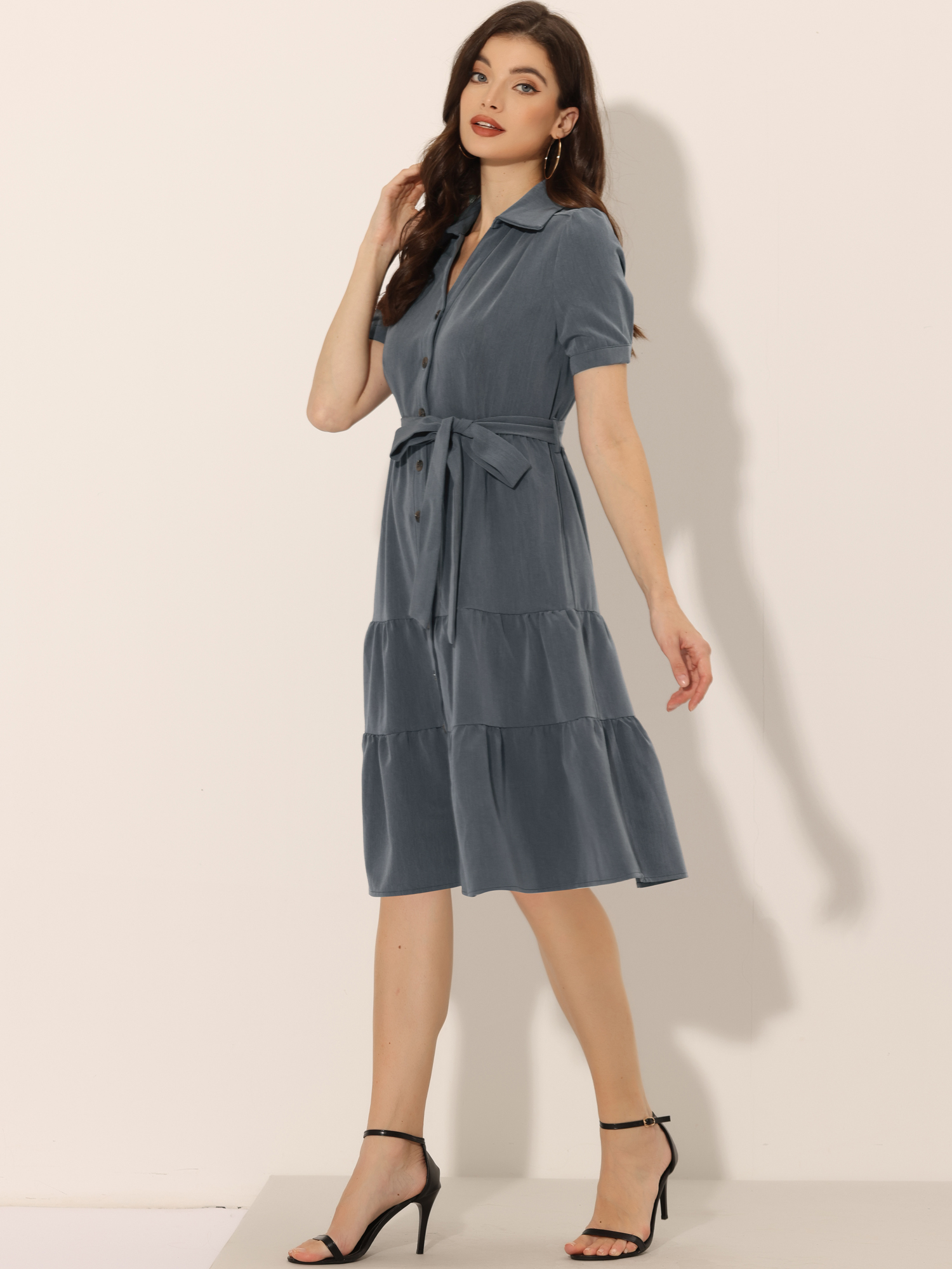Summer Chambray Short Sleeve Button Tie Waist V Neck Shirt Dress Dark Gray/M
