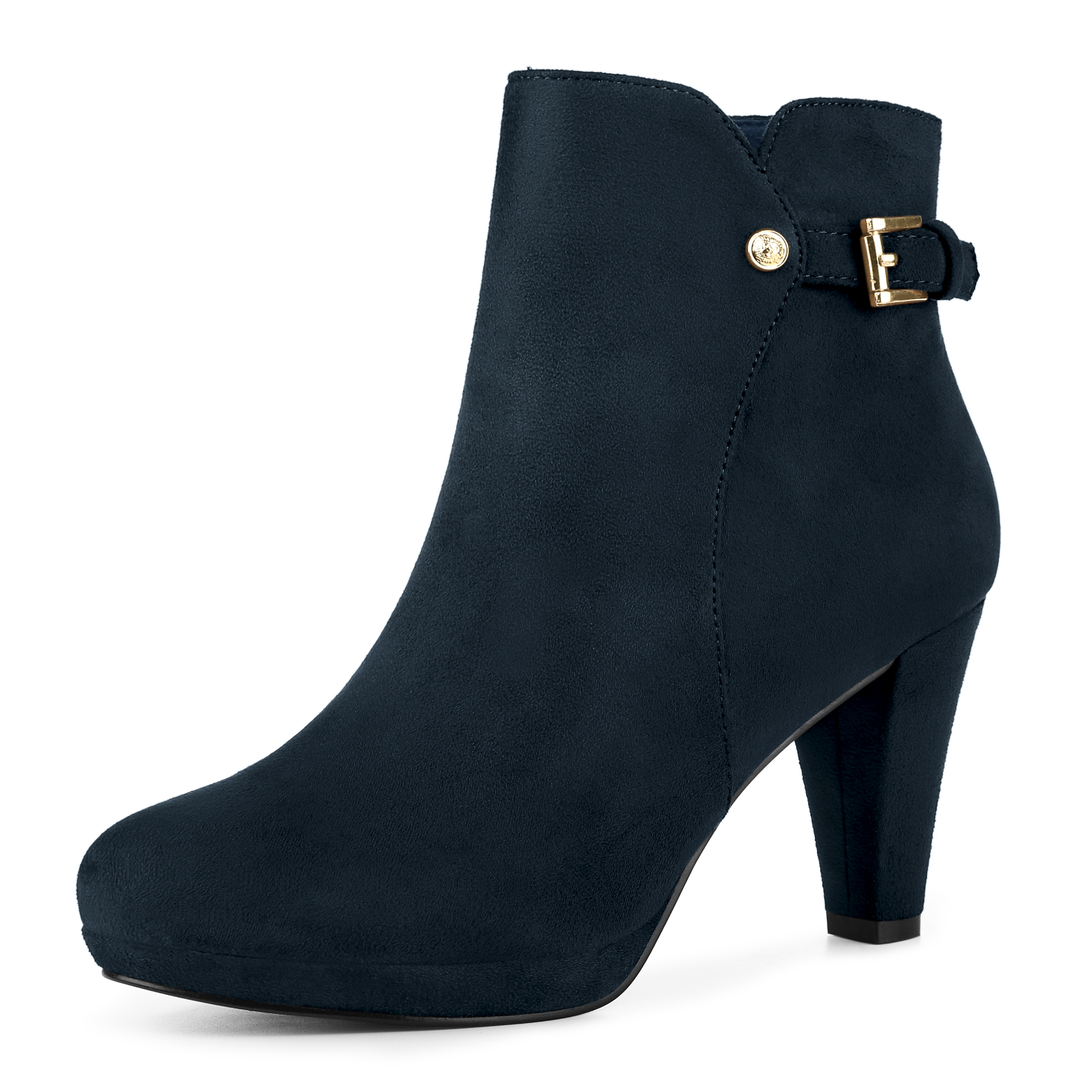 Women's Low Platform Side Zip Buckle Chunky High Heel Ankle Booties Navy Blue/6.5