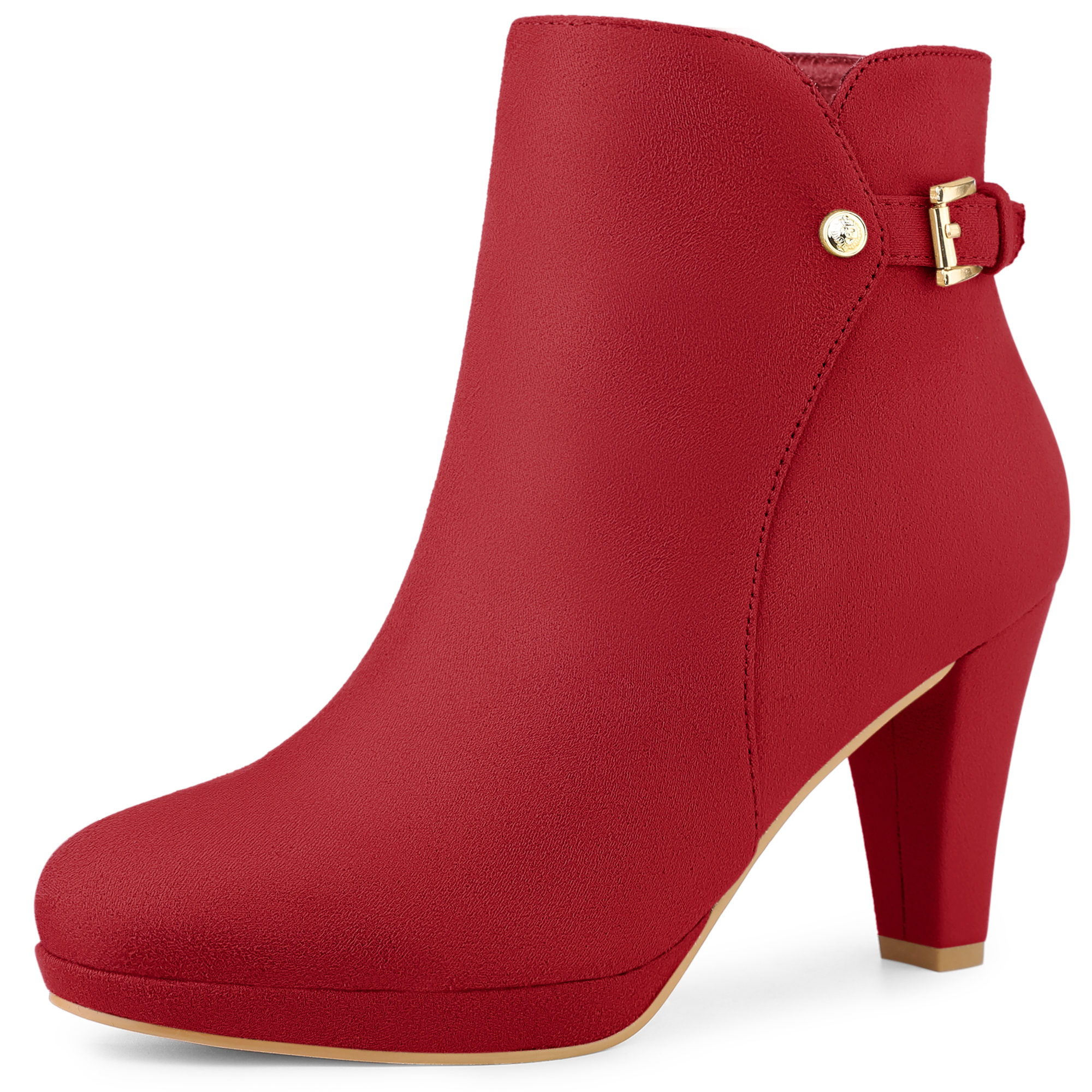 Women's Low Platform Side Zip Buckle Chunky High Heel Ankle Booties Red/9.5