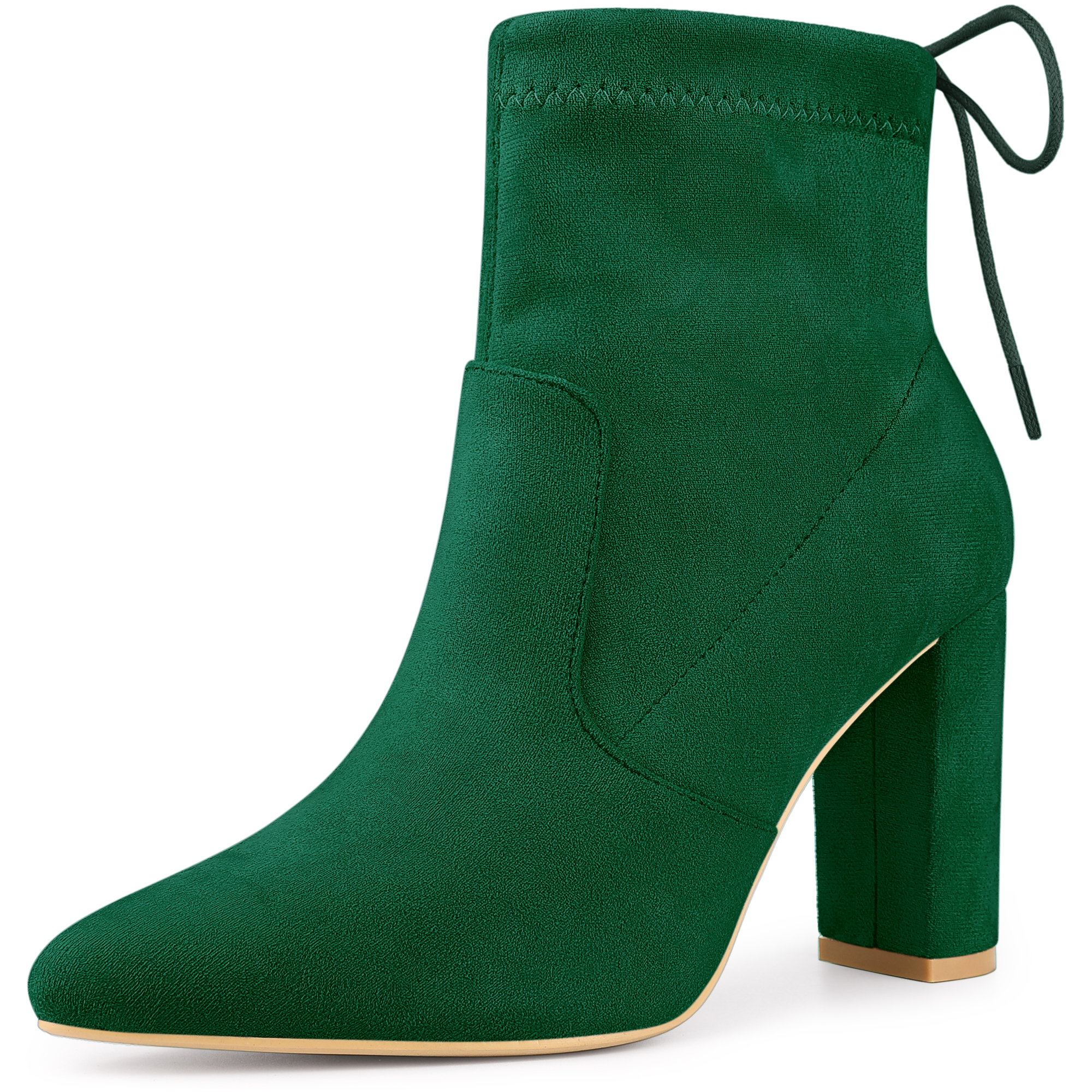 Pointed Toe Drawstring Pull On Block Heel Ankle Boots Green/7.5