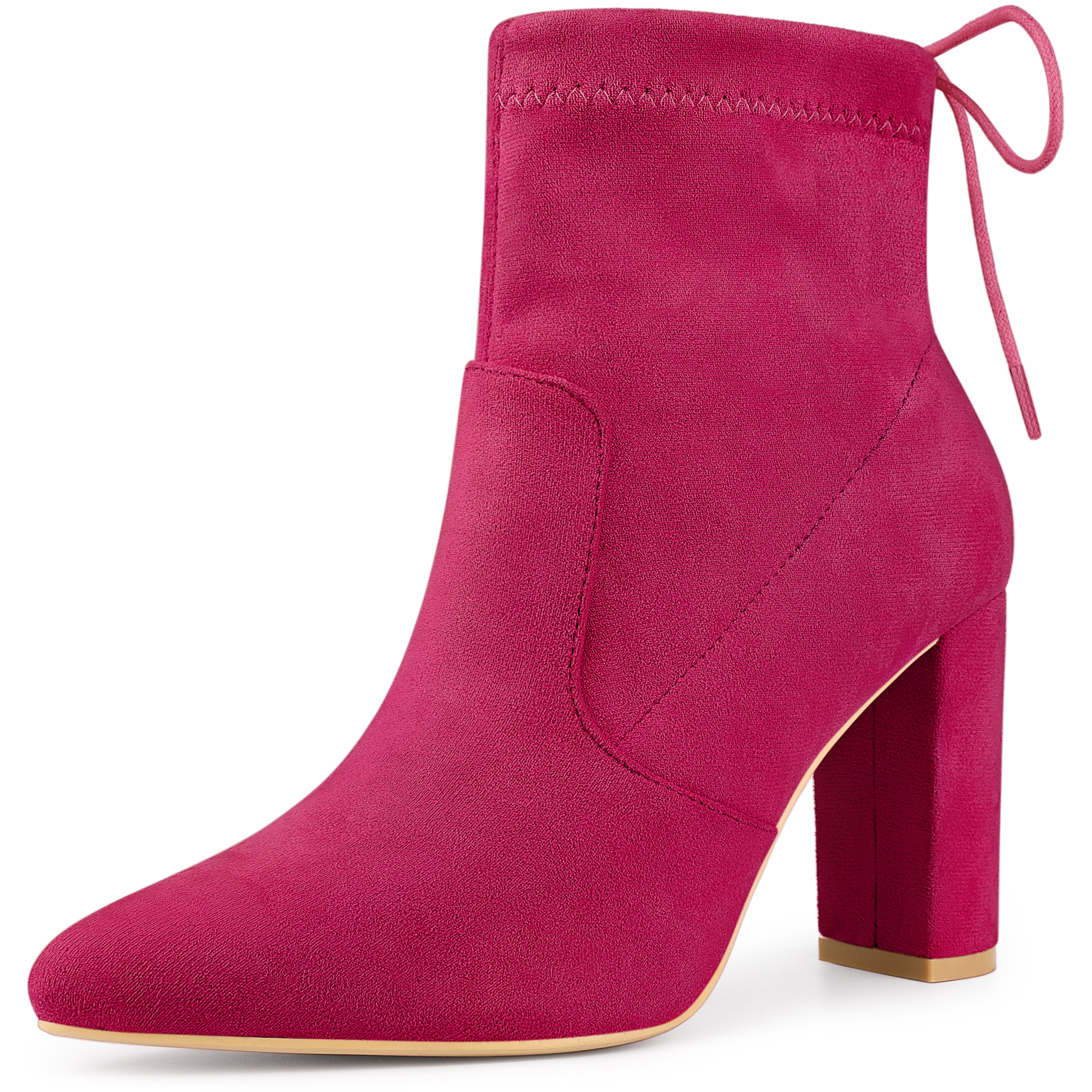 Pointed Toe Drawstring Pull On Block Heel Ankle Boots Hot Pink/7.5