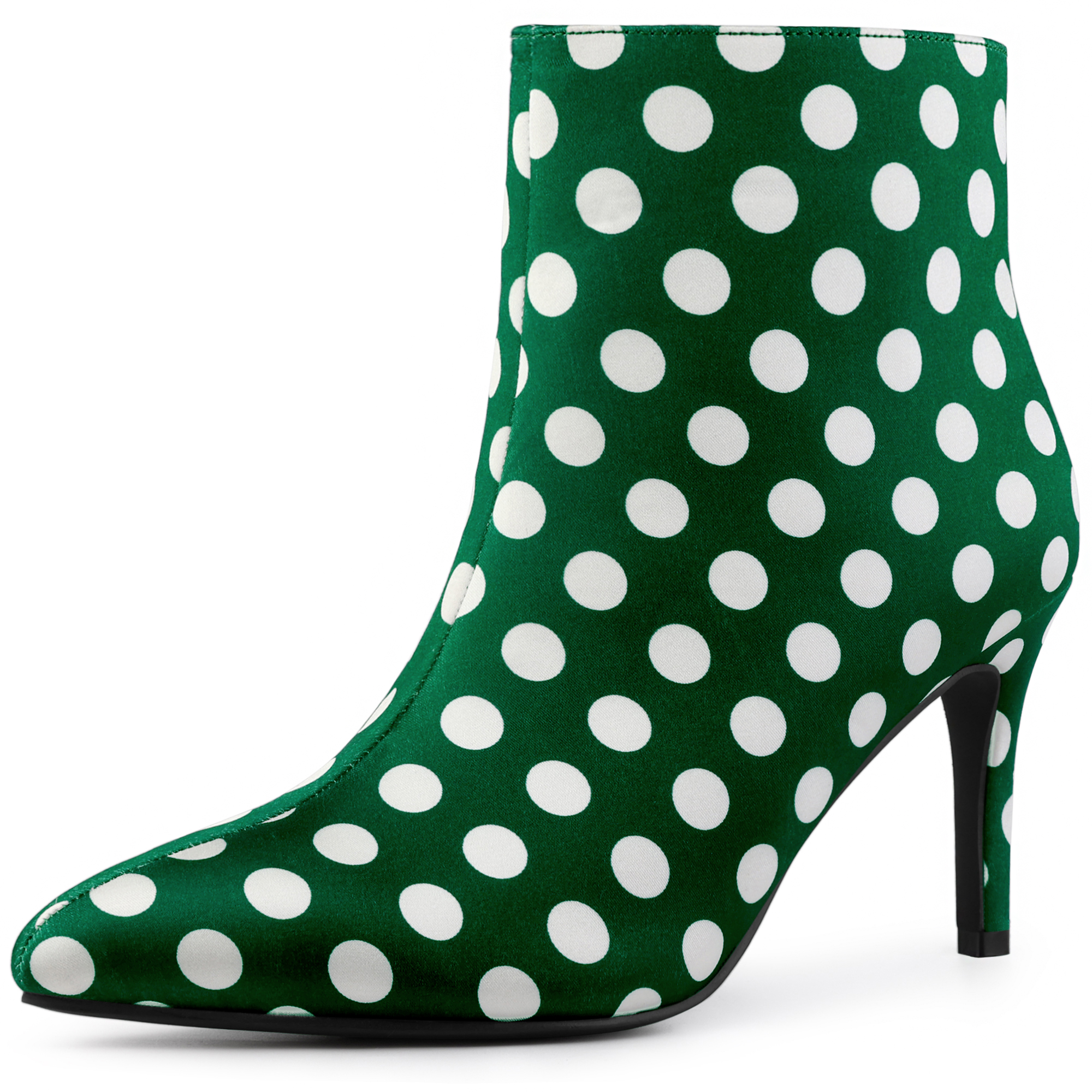 Polka Dots Pointed Toe Stiletto Heel Satin Ankle Boots Dark Green/7.5