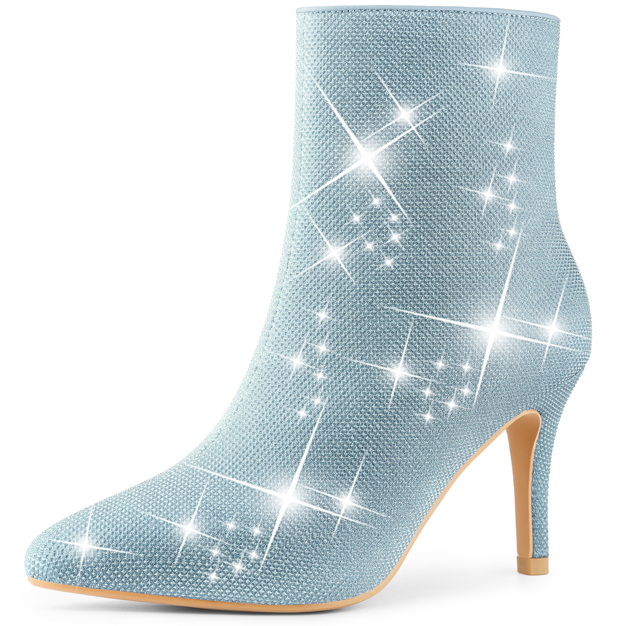 Pointed Toe Side Zipper Sparkle Stiletto Heel Ankle Boots Blue/7