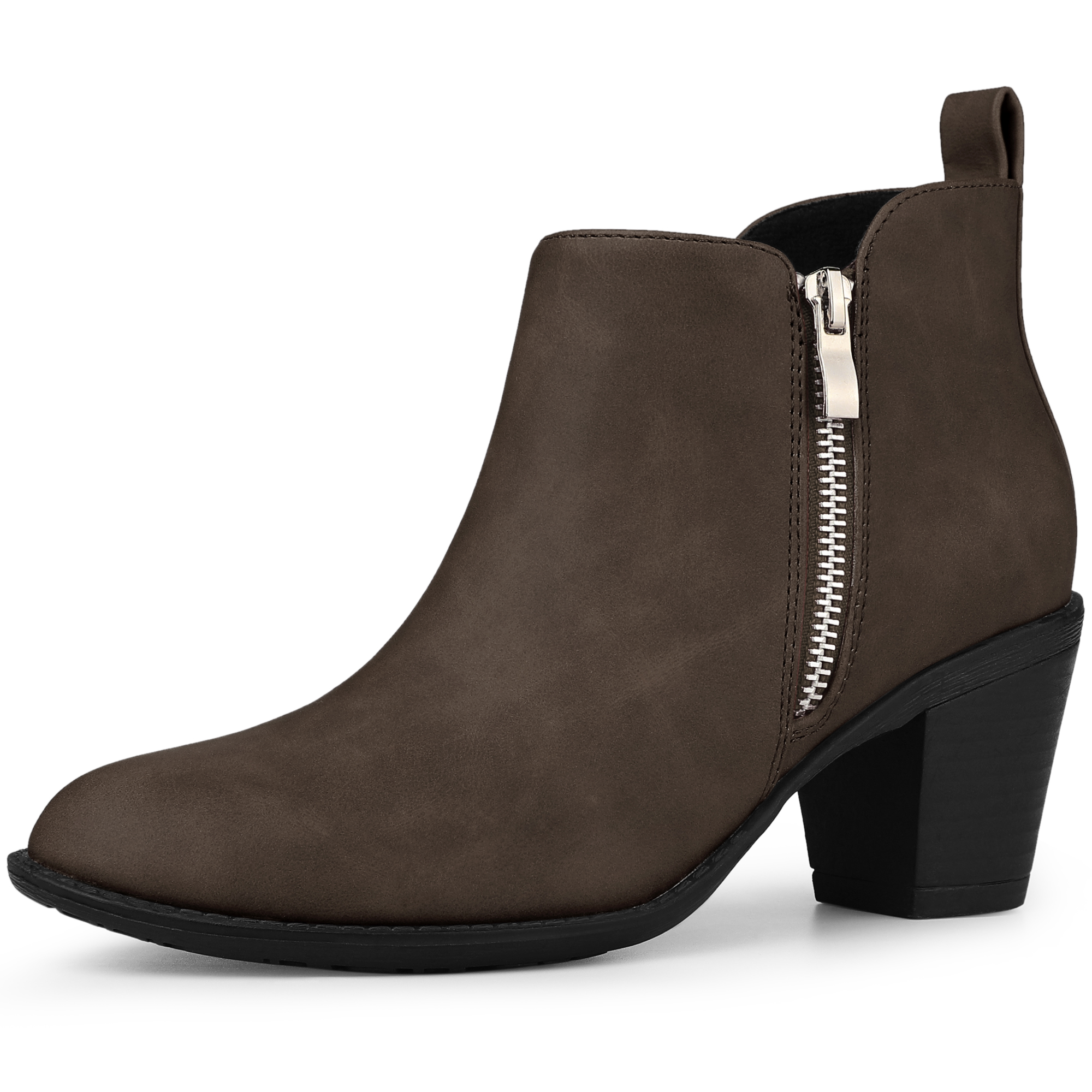 Low Chunky Heel Zipper Western Ankle Booties Brown/8.5