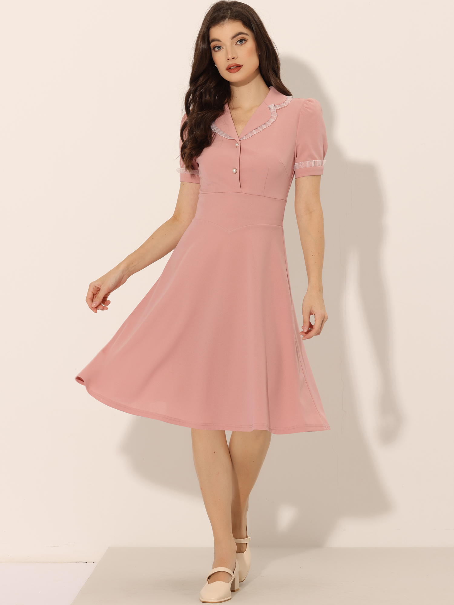 Work Lace Notched Collar Vintage 1950s Short Sleeve Midi Shirt Dress Pink/S