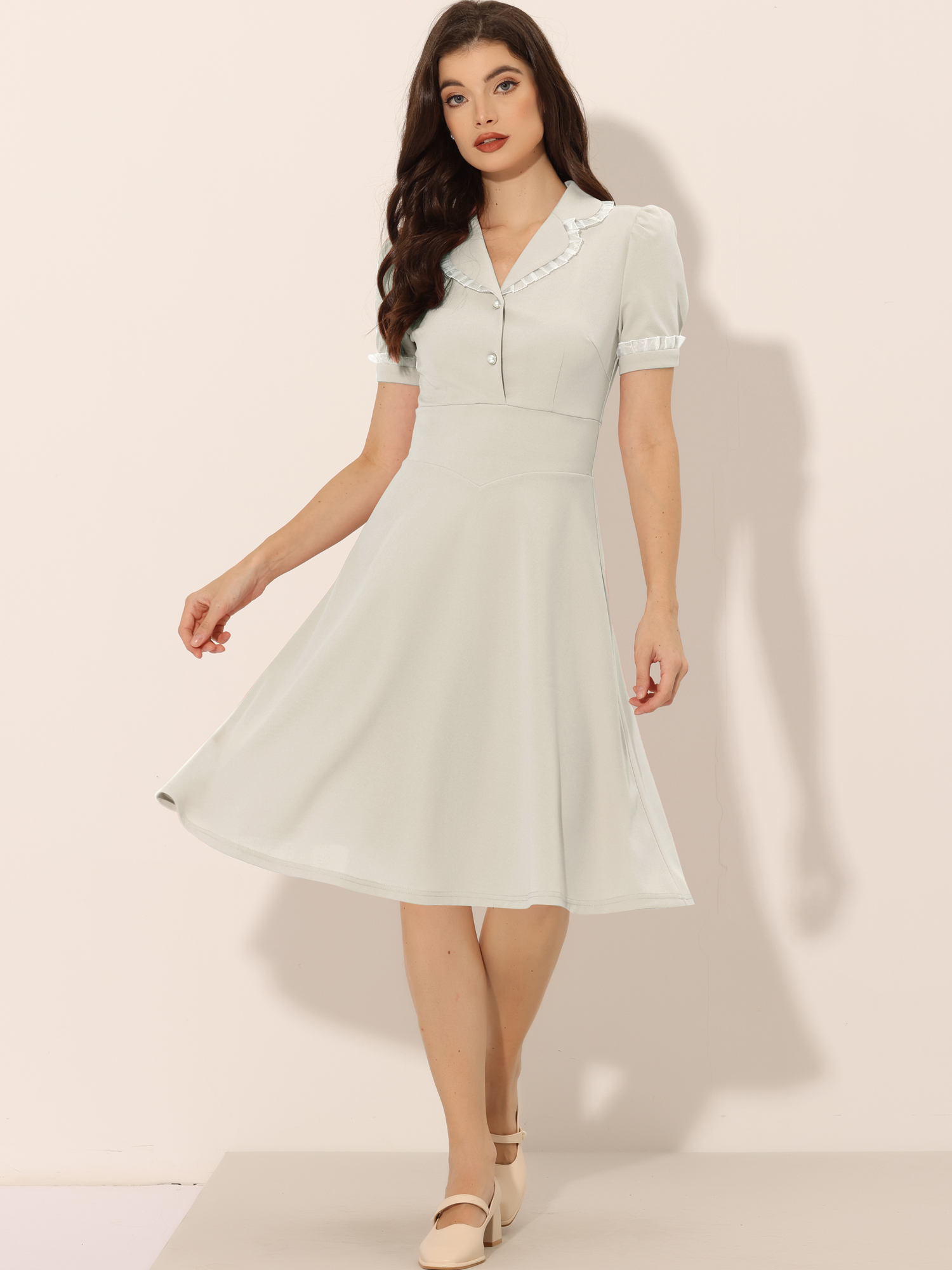 Work Lace Notched Collar Vintage 1950s Short Sleeve Midi Shirt Dress Grey/XS