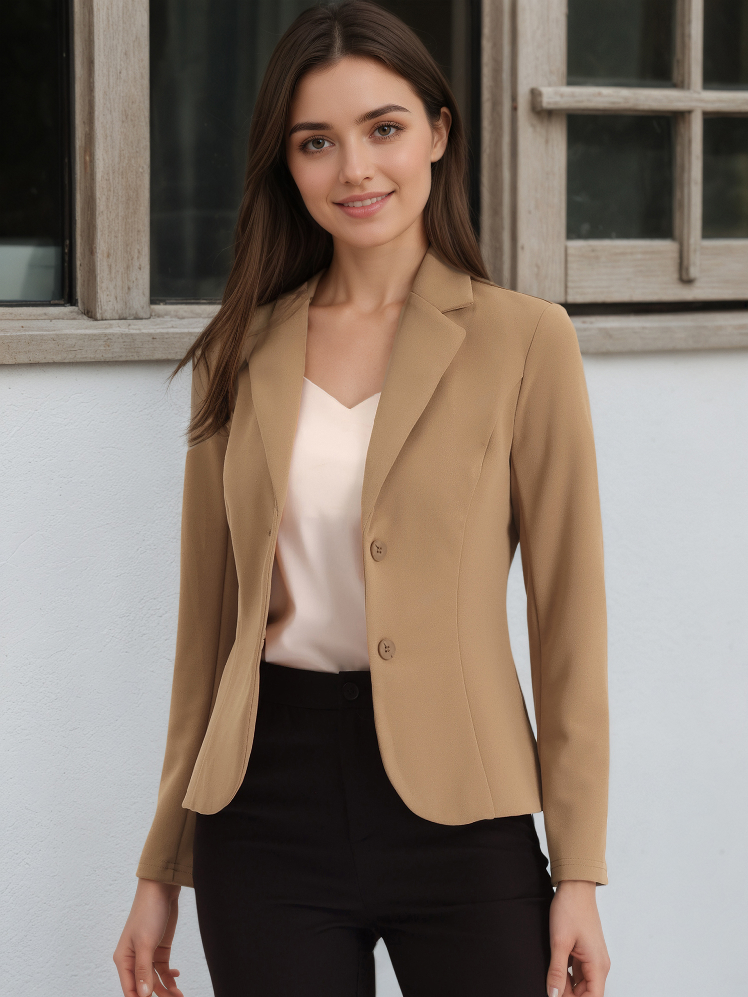 Solid Work Office Lapel Collar Stretch Jacket Suit Blazer Deep Khaki/M