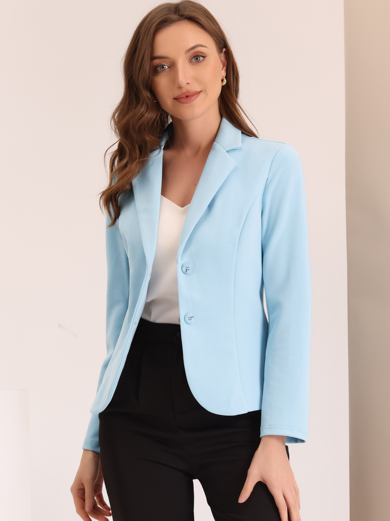 Notched Lapel Collar Stretch Work Office Jacket Blazer Blue/XS