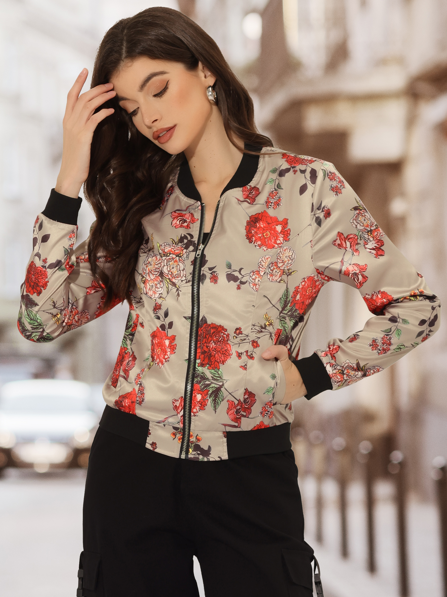 Stand Collar Zip Up Floral Print Bomber Jacket Khaki/XL