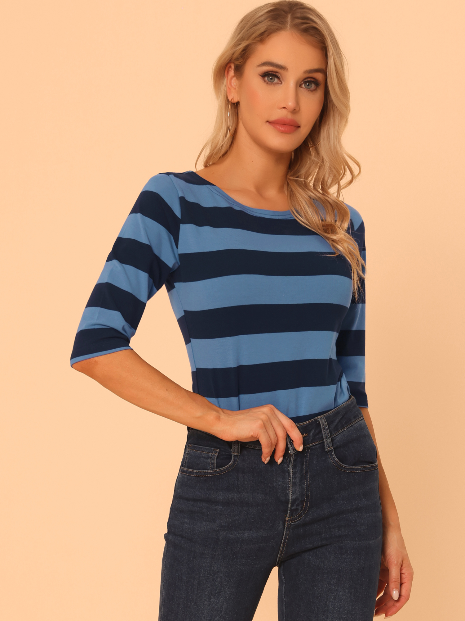 Striped 3/4 Sleeve Casual Basic Boat Neck T-shirt Blue Dark Blue/XS