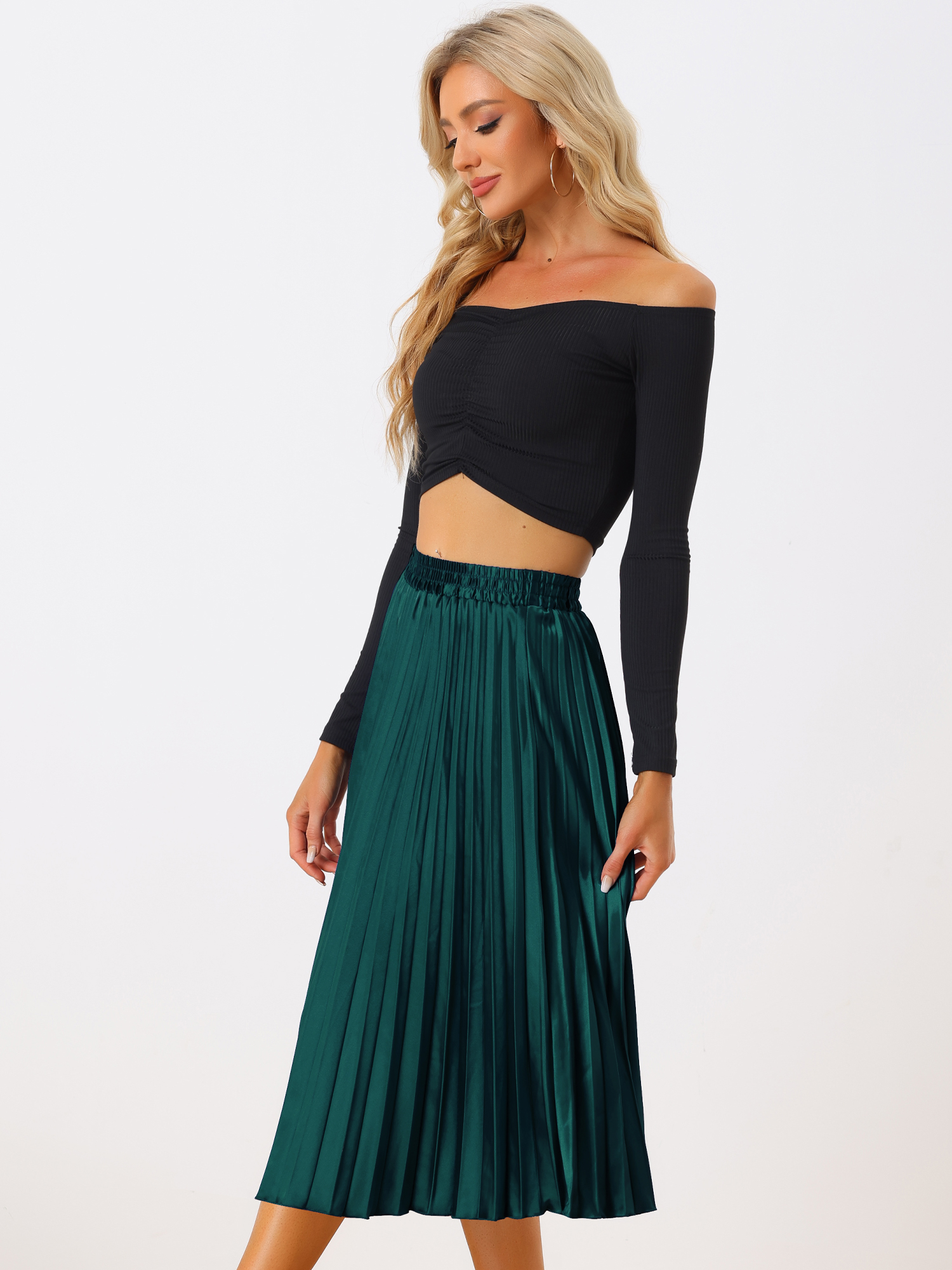 Party Elastic Waist Metallic Shiny Pleated Midi Skirt Greens/S