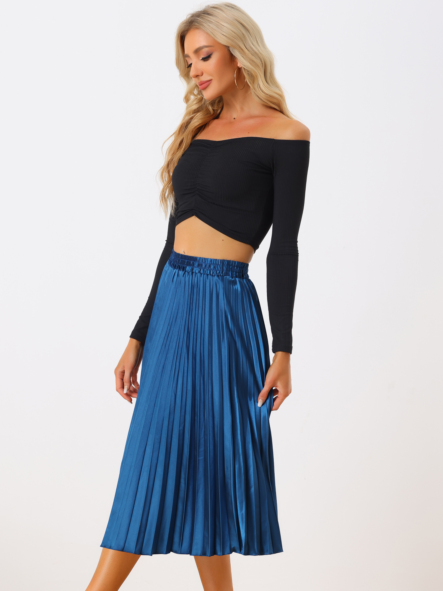 Elastic Waist Metallic Shiny Accordion Pleated Midi Skirt Blue-1/XS