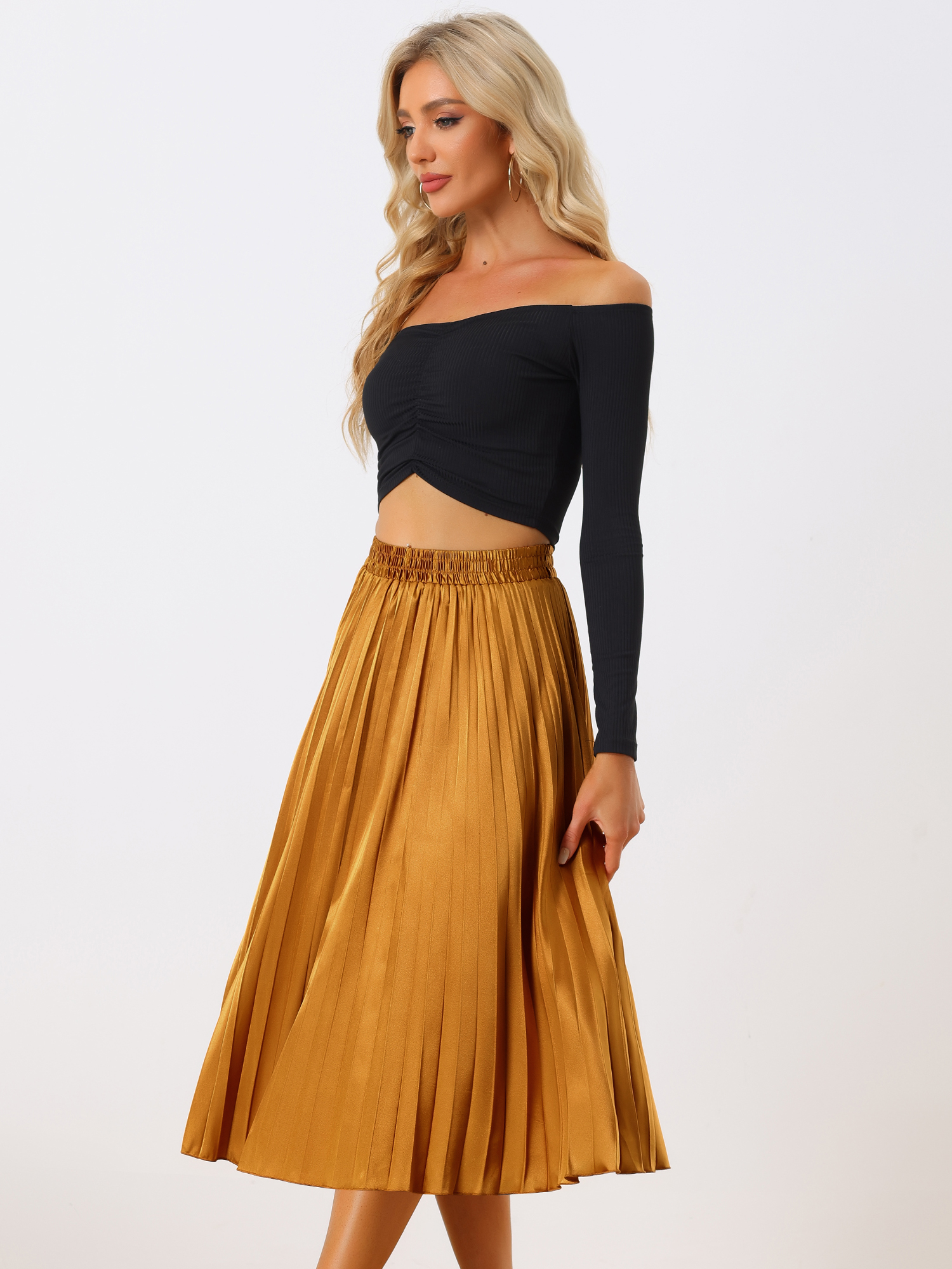 Elastic Waist Metallic Shiny Accordion Pleated Midi Skirt Orange/XS