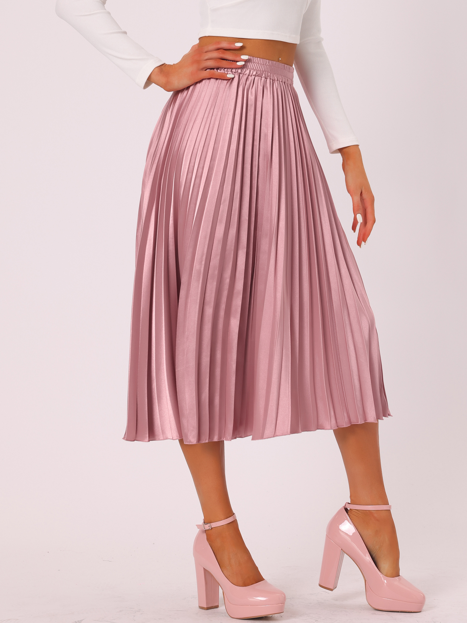 Elastic Waist Metallic Shiny Accordion Pleated Midi Skirt Pink-1/L