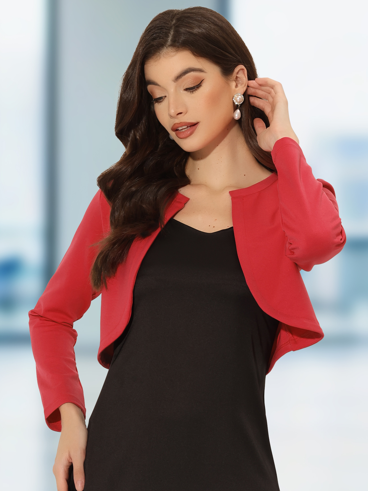 Curved Hem Long Sleeves Open Front Cropped Jacket Bolero Shrug Red/M