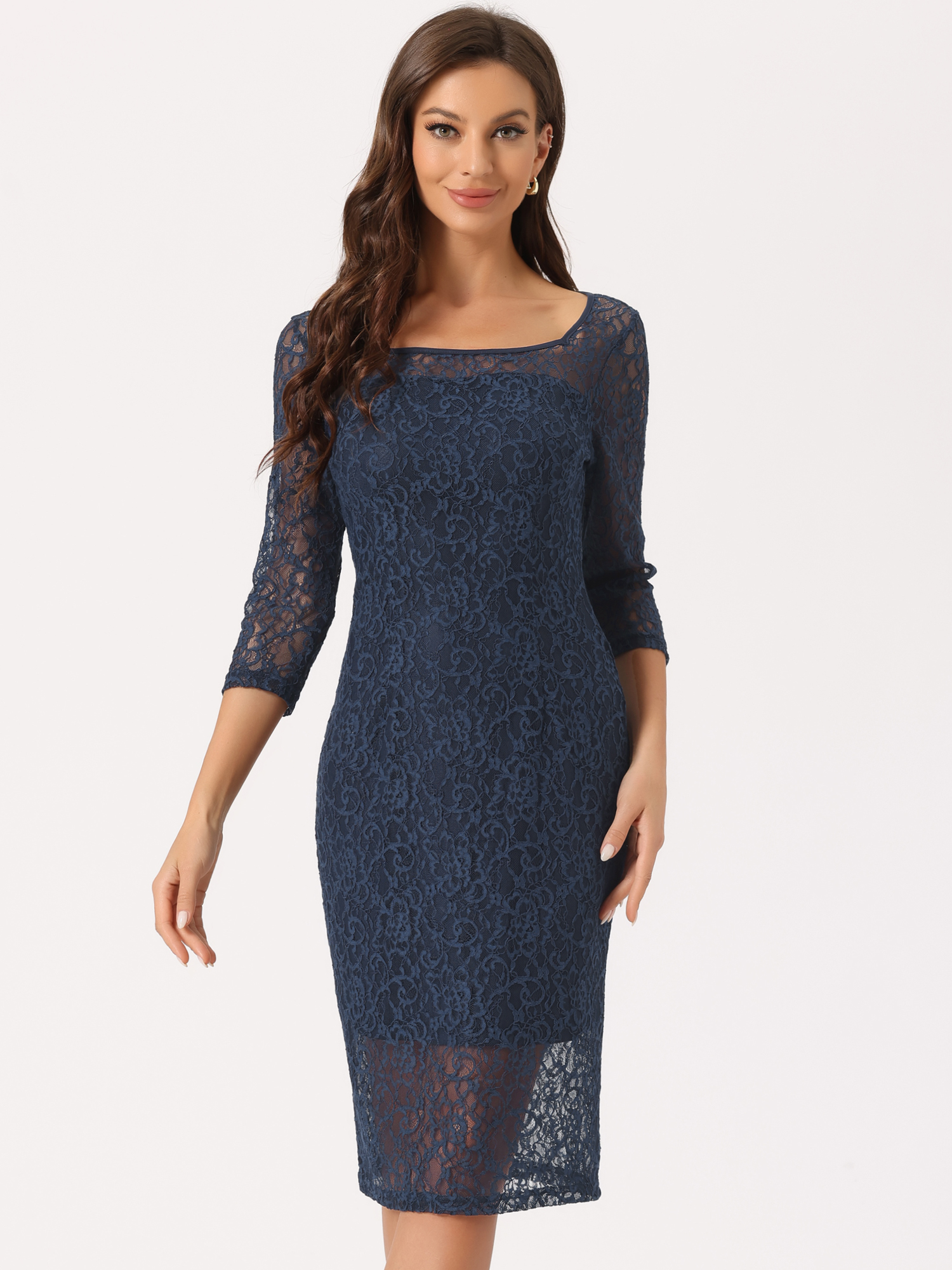 Lace 3/4 Sleeve Dress Square Neck Midi Straight Tired Navy Blue/XL