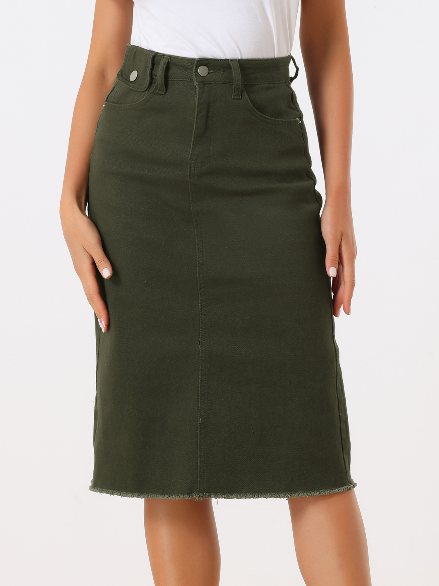 Casual High Waist Back Slit Stretch Denim Midi Jean Skirt Army Green/M