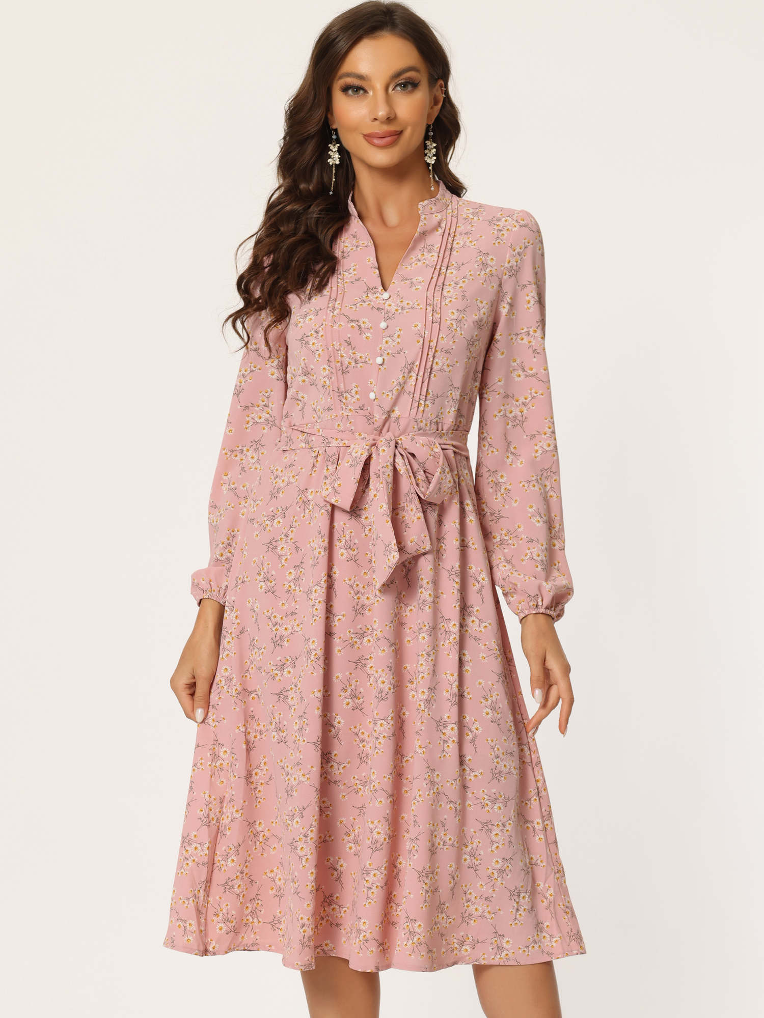 Floral Print Long Sleeve Spring Flowy Midi Boho Dress Pink/M