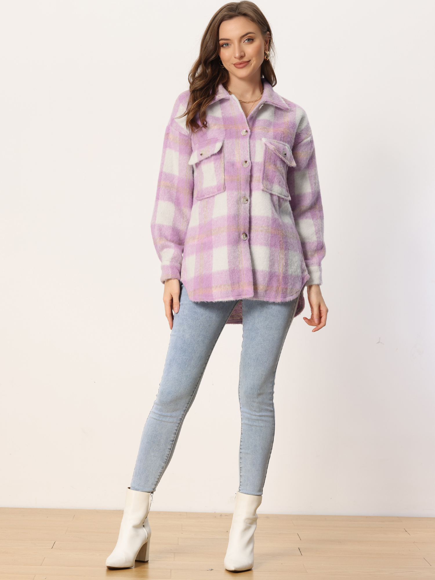 Plaid Winter Casual Jacket Two Pockets Button Front Closure Coat Purple/S