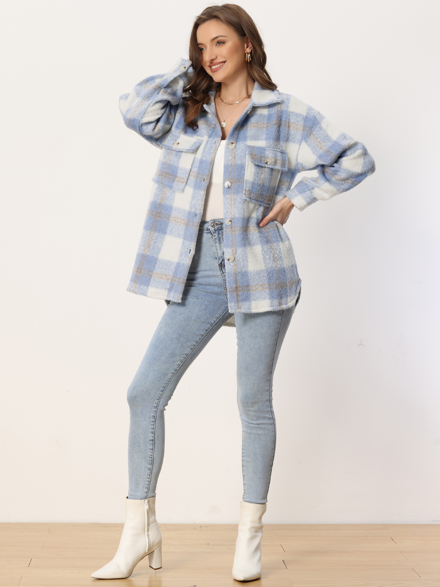 Plaid Winter Casual Jacket Two Pockets Button Front Closure Coat Blue/L