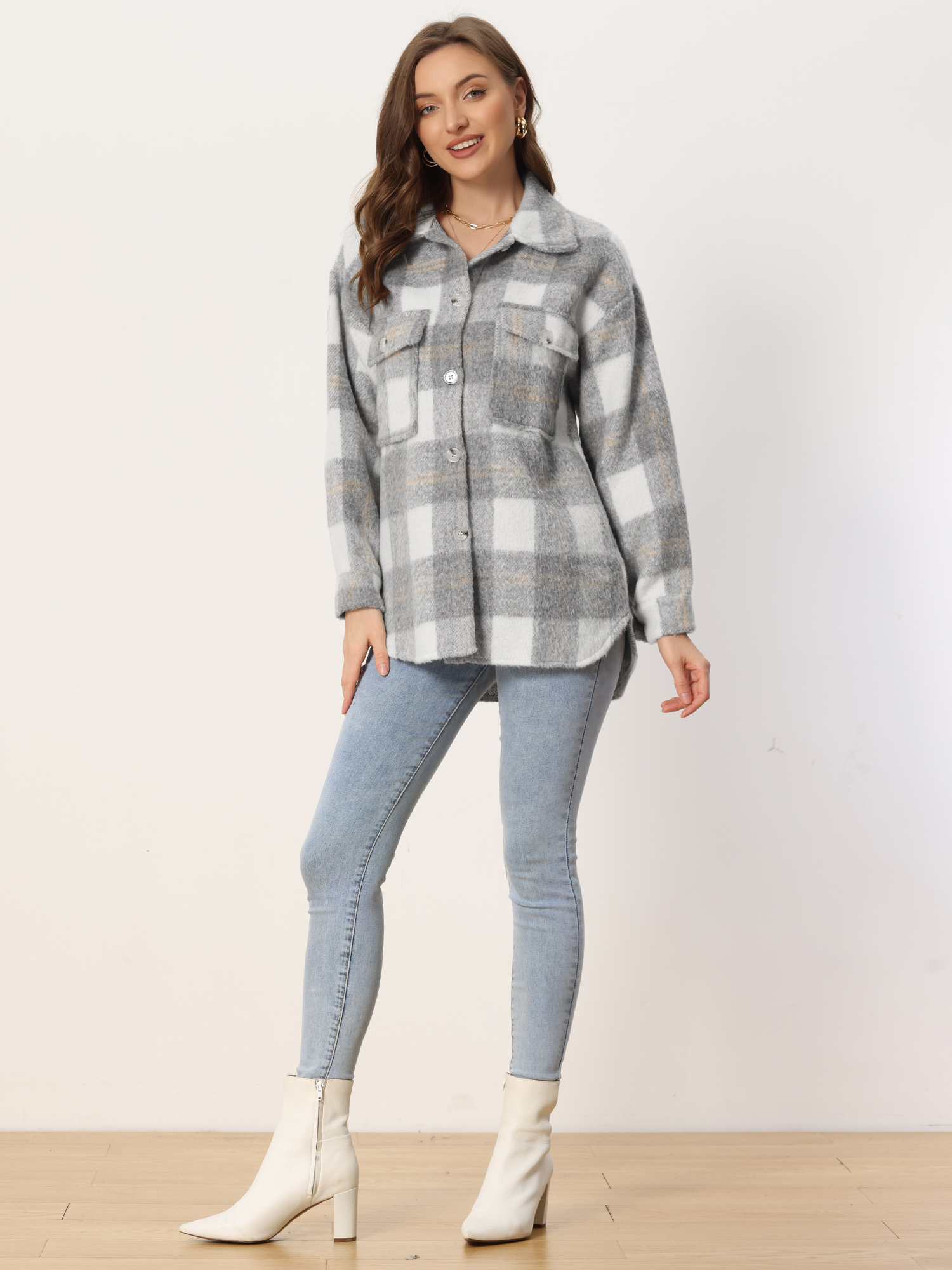 Plaid Winter Casual Jacket Two Pockets Button Front Closure Coat Grey/L