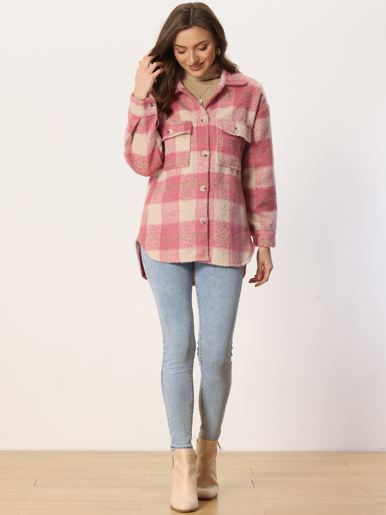 Plaid Winter Casual Jacket Two Pockets Button Front Closure Coat Pink/M