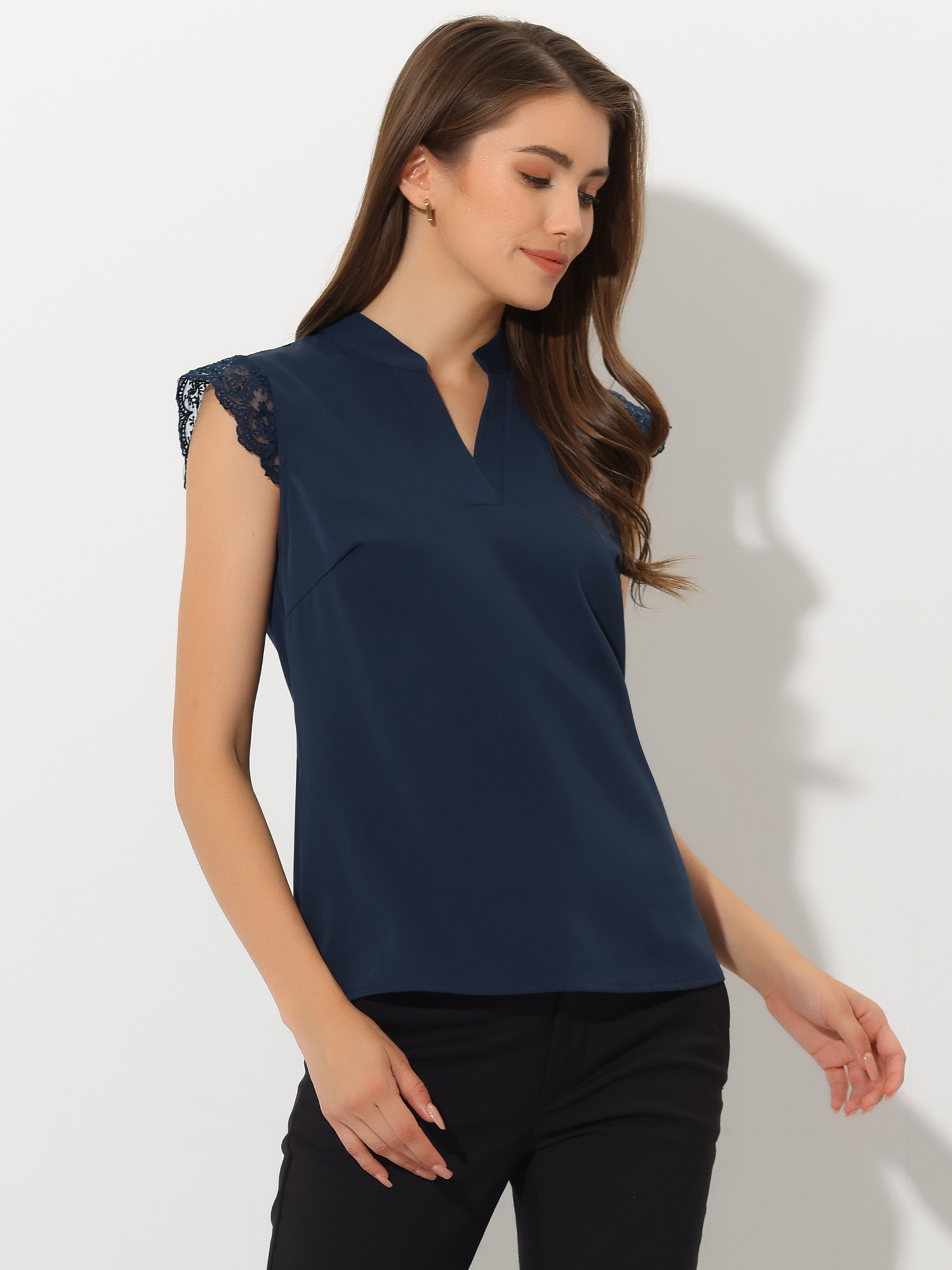 Work Top Office Lace Cap Sleeve Basic Shirt Blouse Navy Blue/L