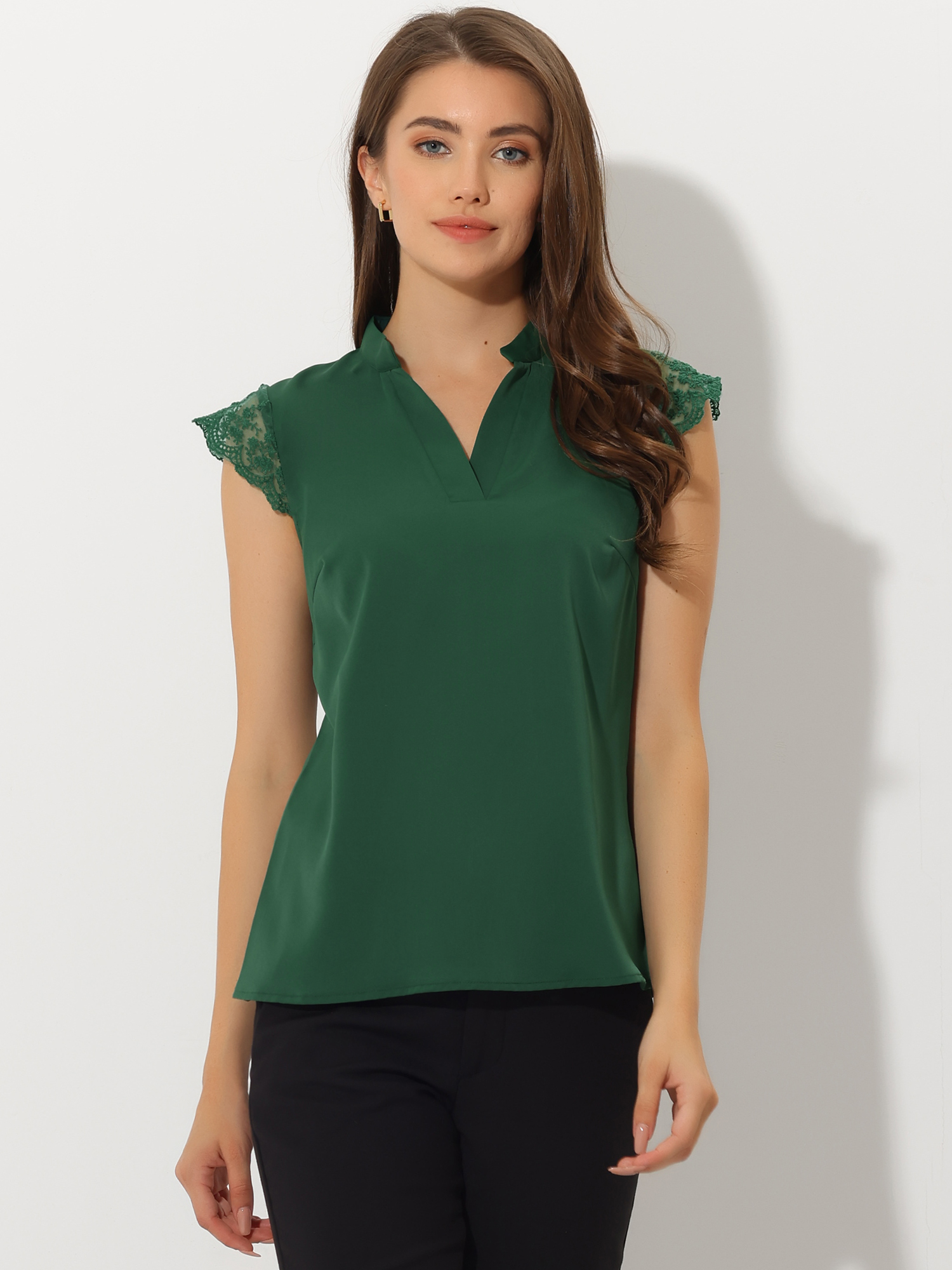 Work Top Office Lace Cap Sleeve Basic Shirt Blouse Green/L